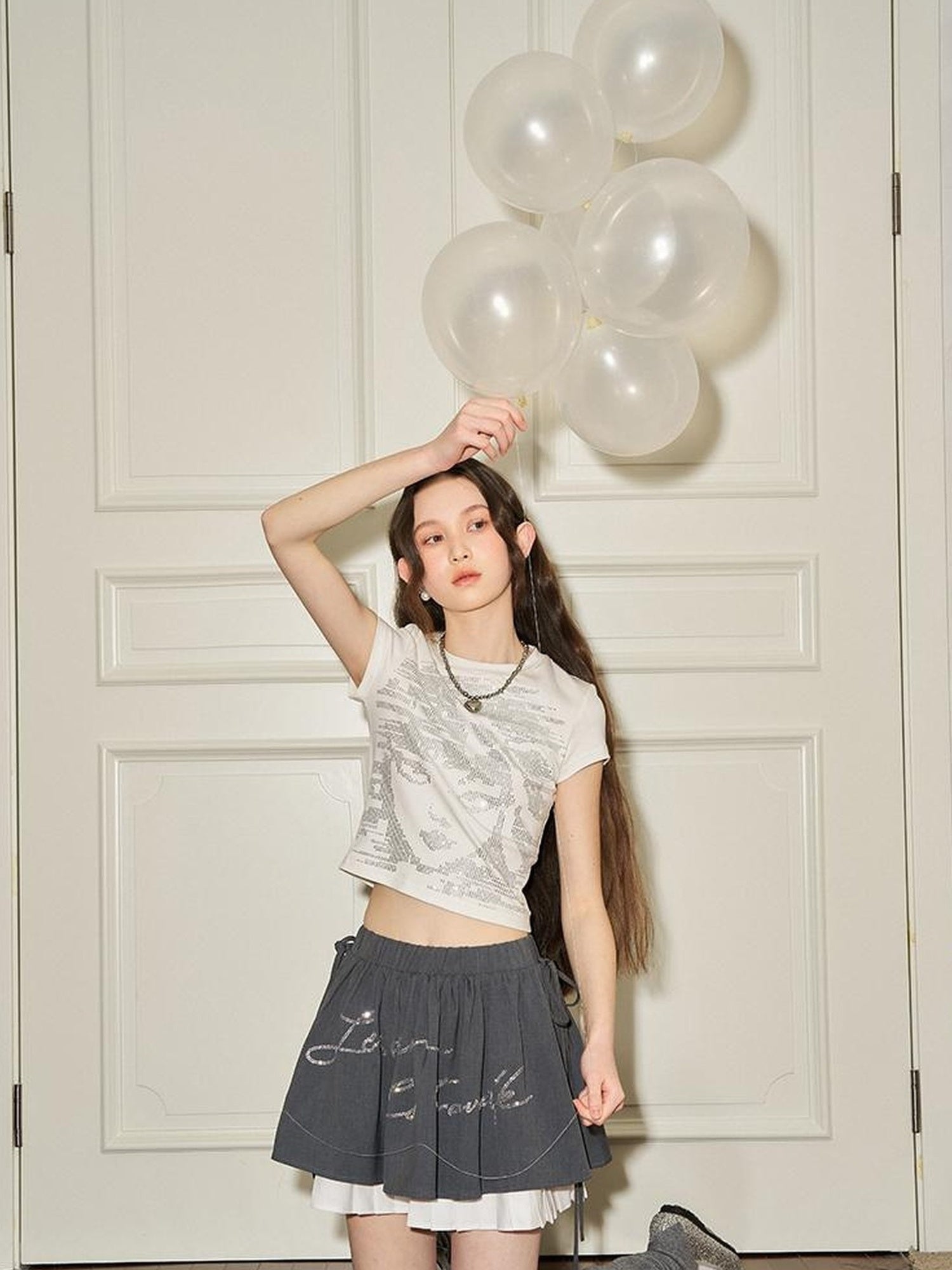 DIDDI MODA Pleated Crystal Embellished Tiered Mini Skirt With Drawstring