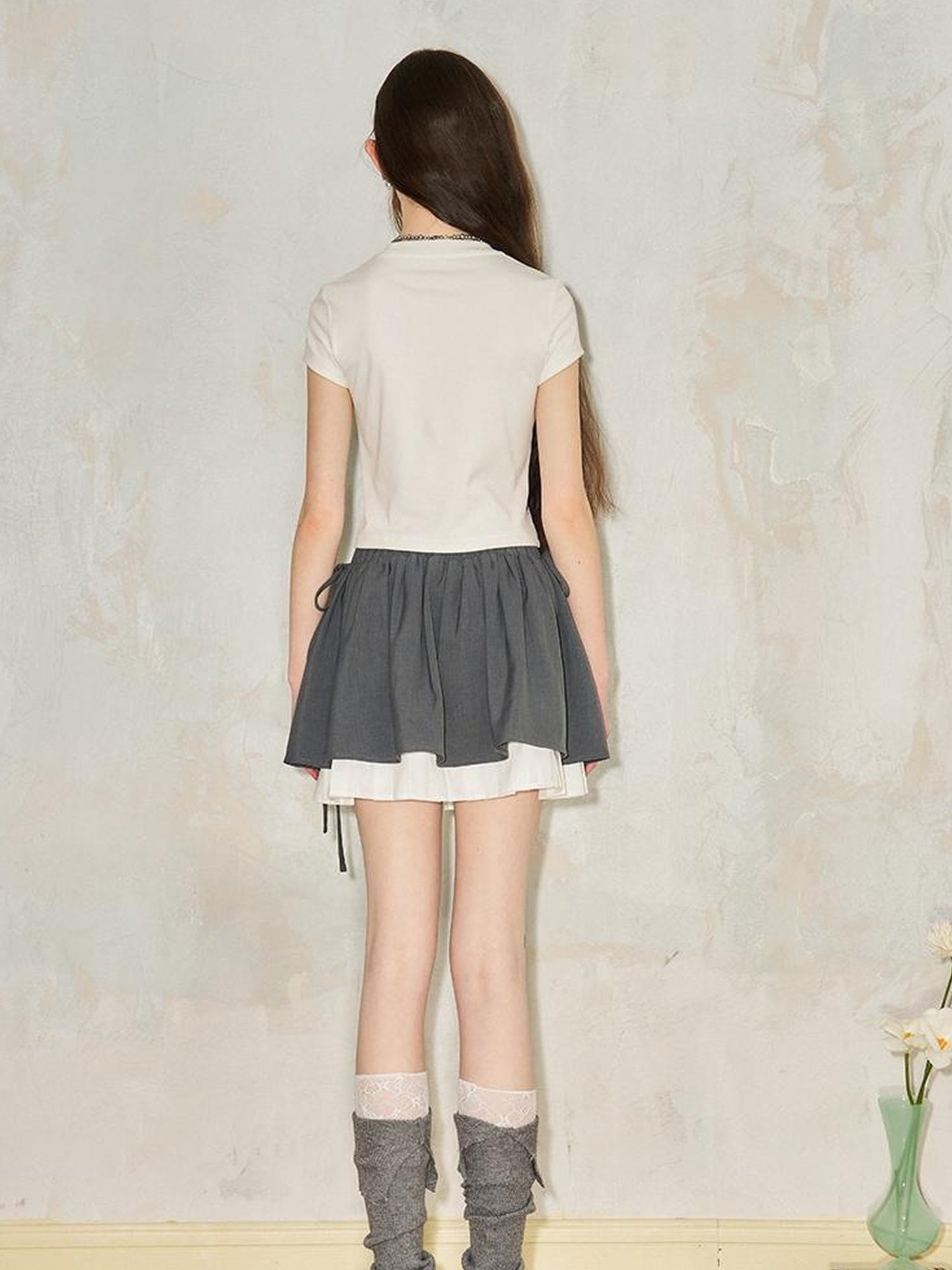 DIDDI MODA Pleated Crystal Embellished Tiered Mini Skirt With Drawstring