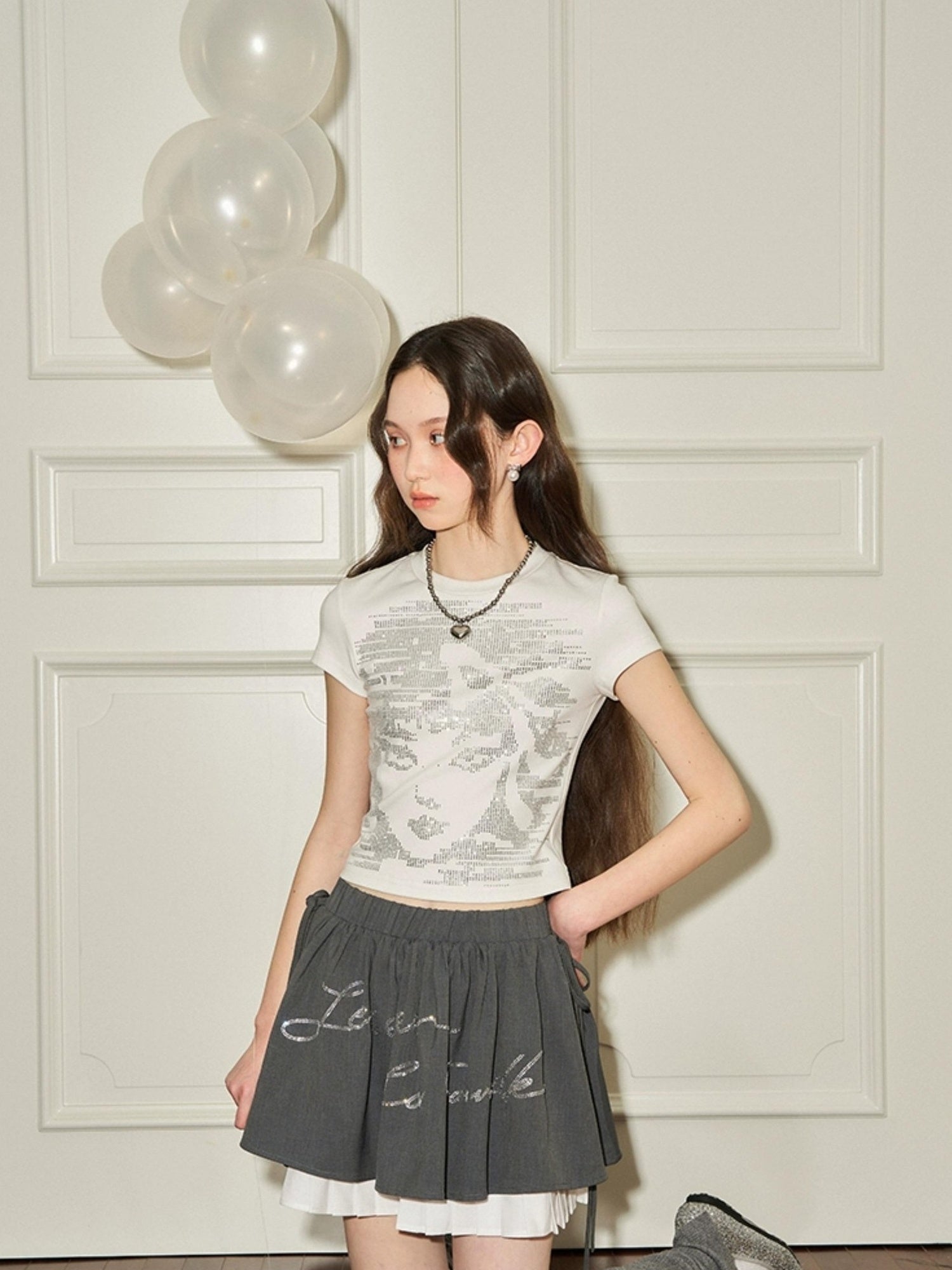 DIDDI MODA Pleated Crystal Embellished Tiered Mini Skirt With Drawstring