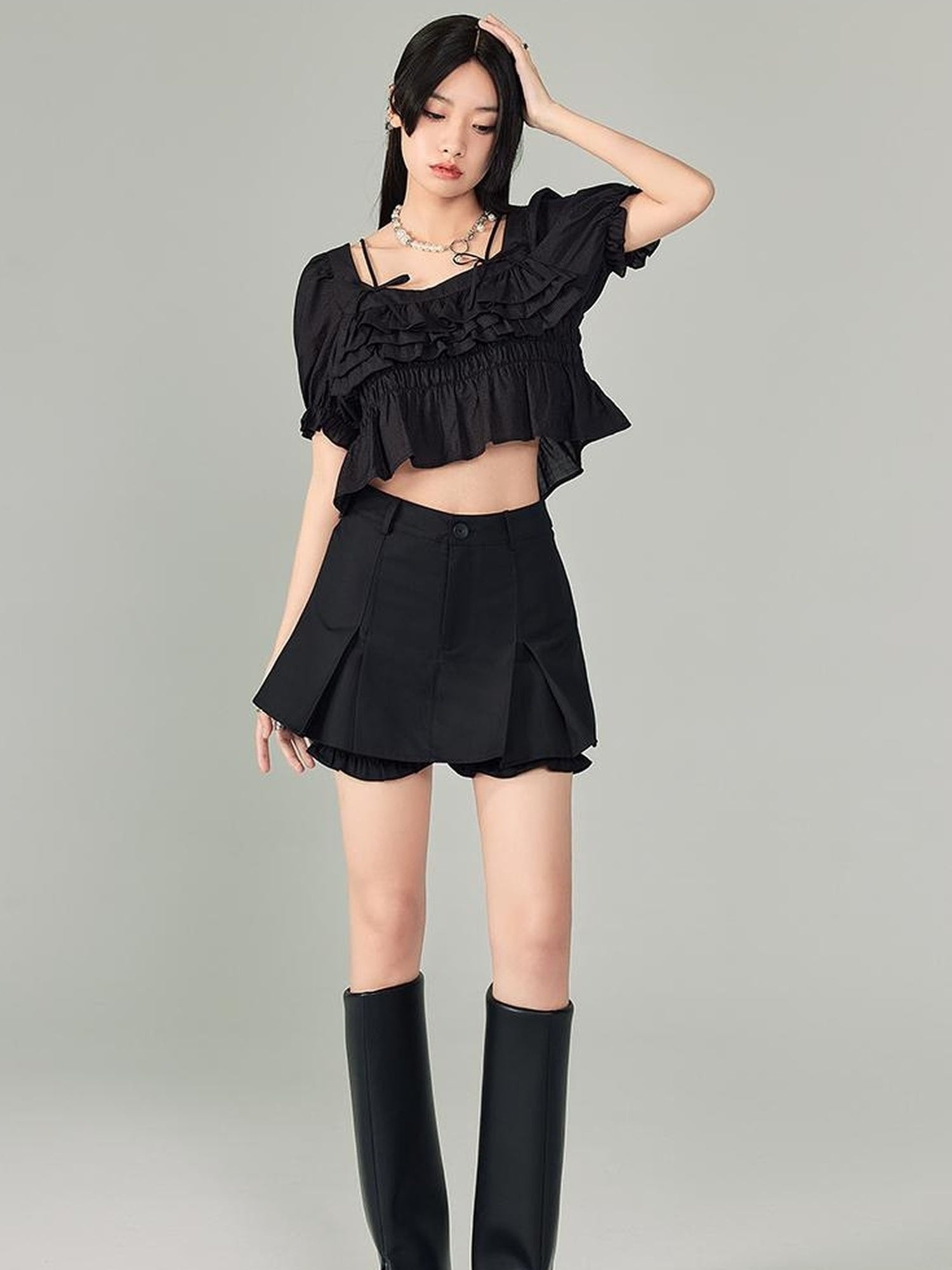 DIDDI MODA Pleated High Waist A Line Skort Stretchy Flattering Shorts For Summer