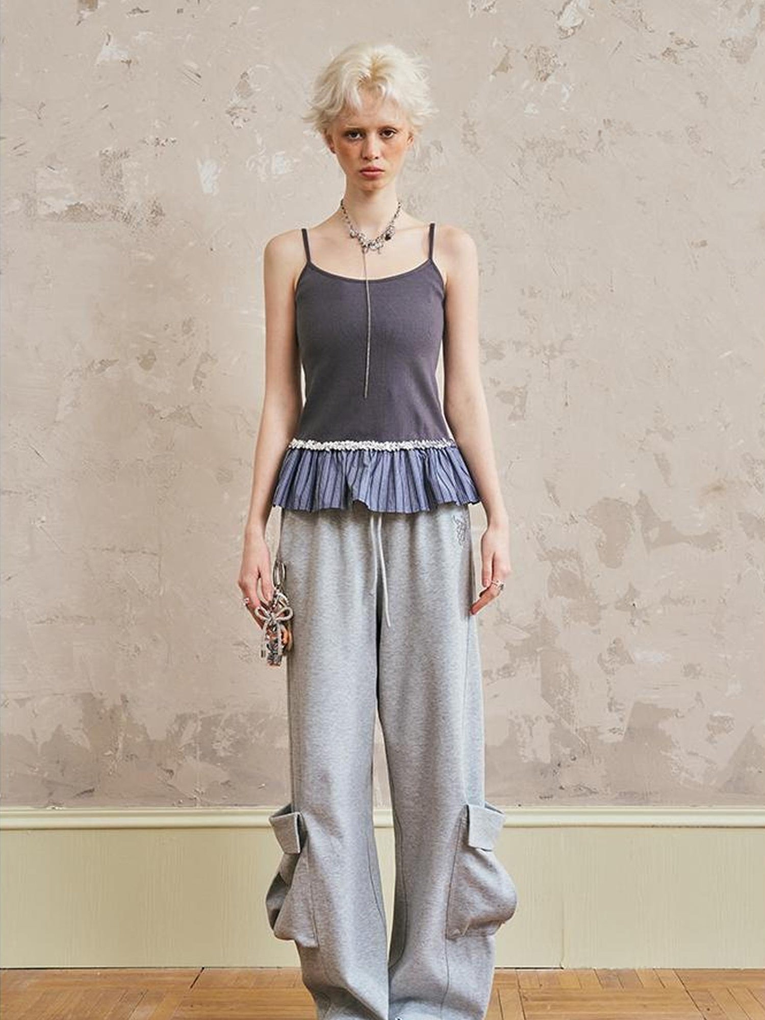 DIDDI MODA Pleated Lace Trim Contrast Slim Camisole
