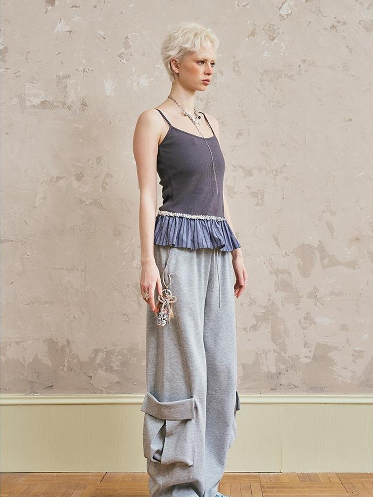 DIDDI MODA Pleated Lace Trim Contrast Slim Camisole