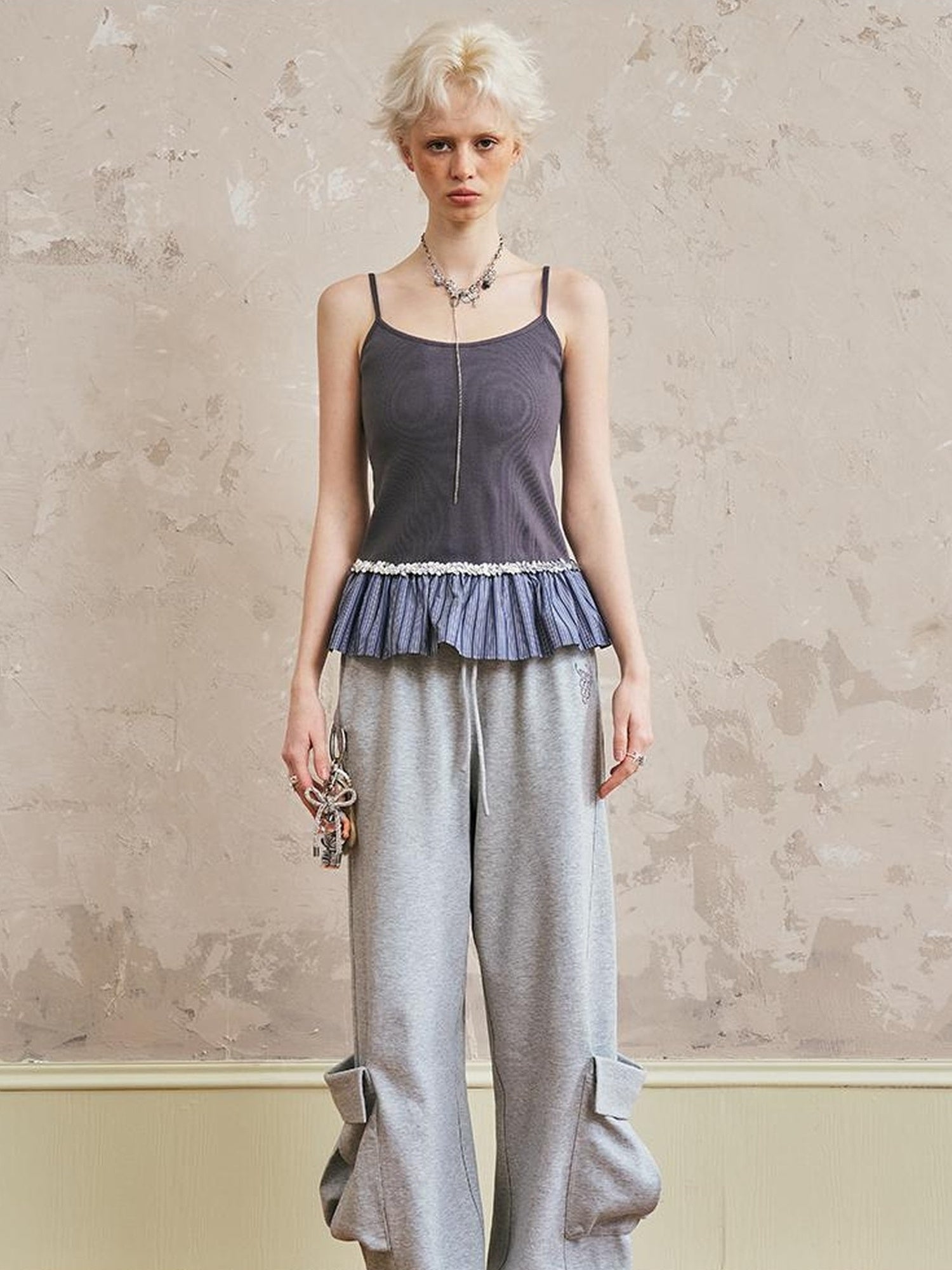 DIDDI MODA Pleated Lace Trim Contrast Slim Camisole