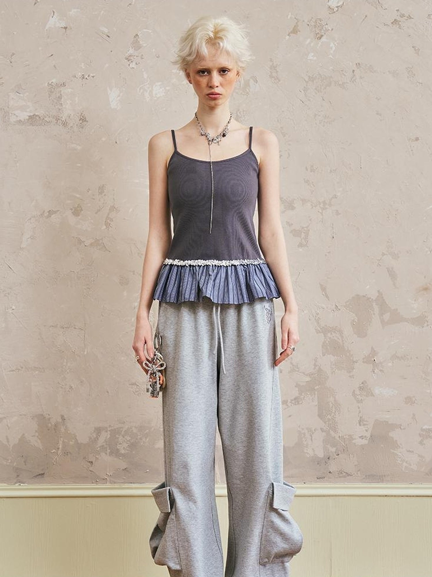DIDDI MODA Pleated Lace Trim Contrast Slim Camisole