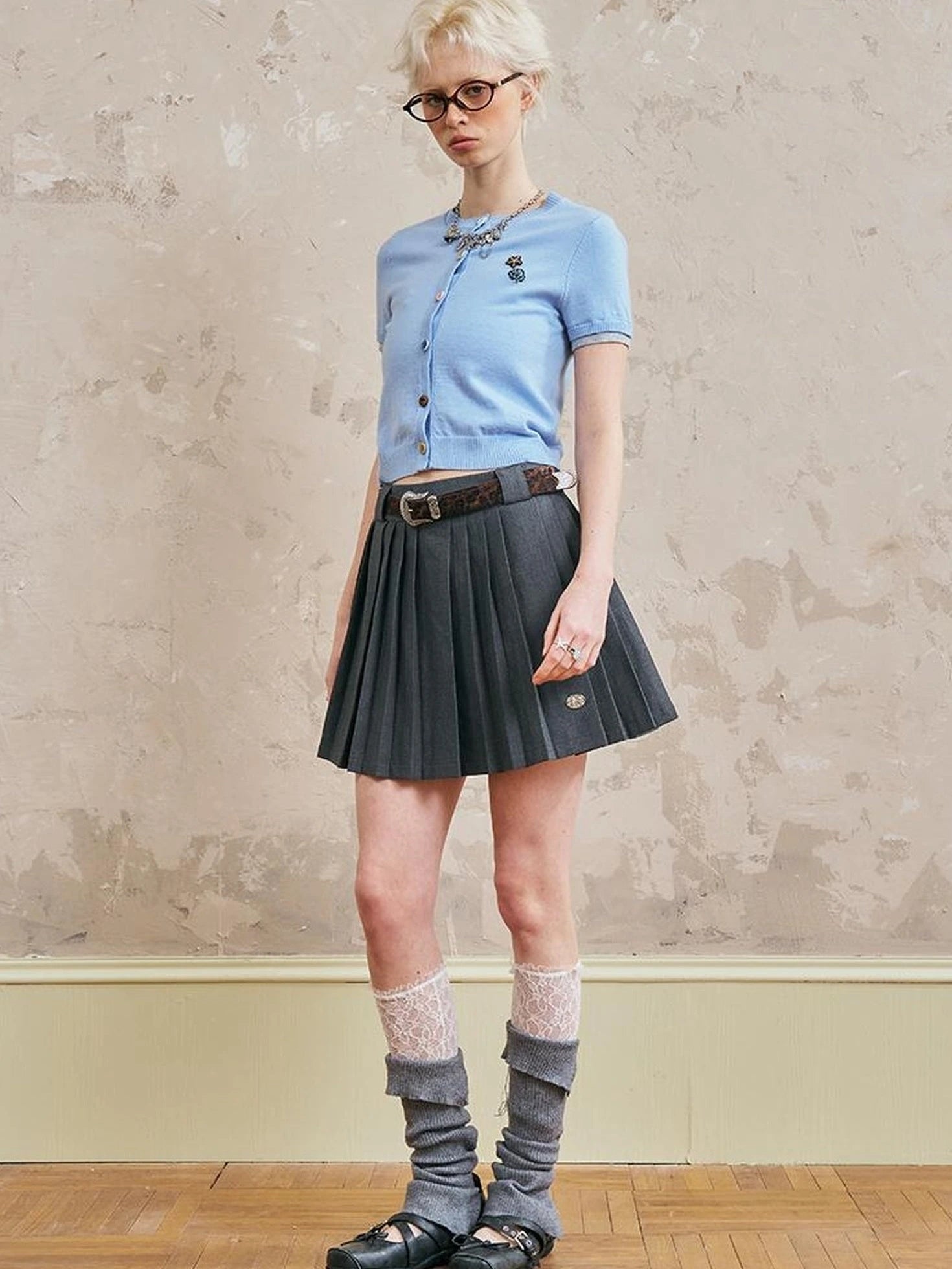 Pleated Mini Skirt With Metallic Logo Structured Flowy