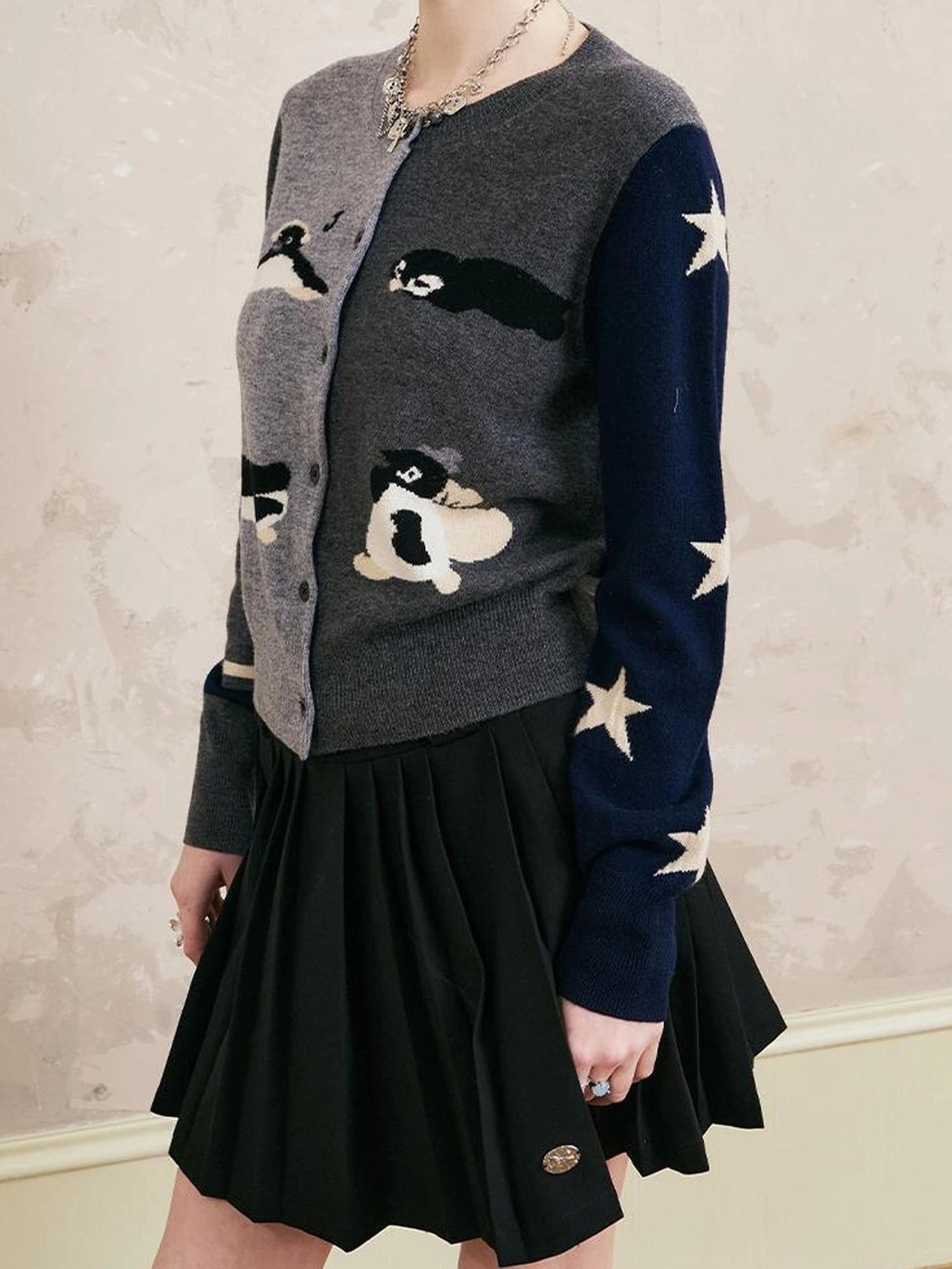 Pleated Mini Skirt With Metallic Logo Structured Flowy