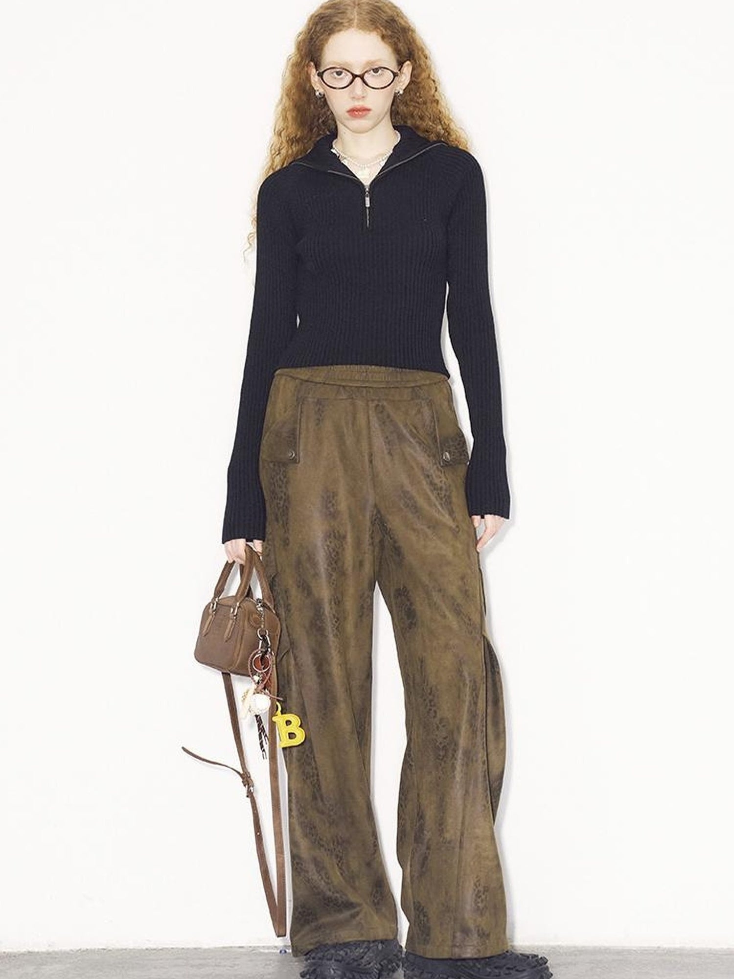 DIDDI MODA Pleated Patchwork Snake Print Relaxed Tapered Pants