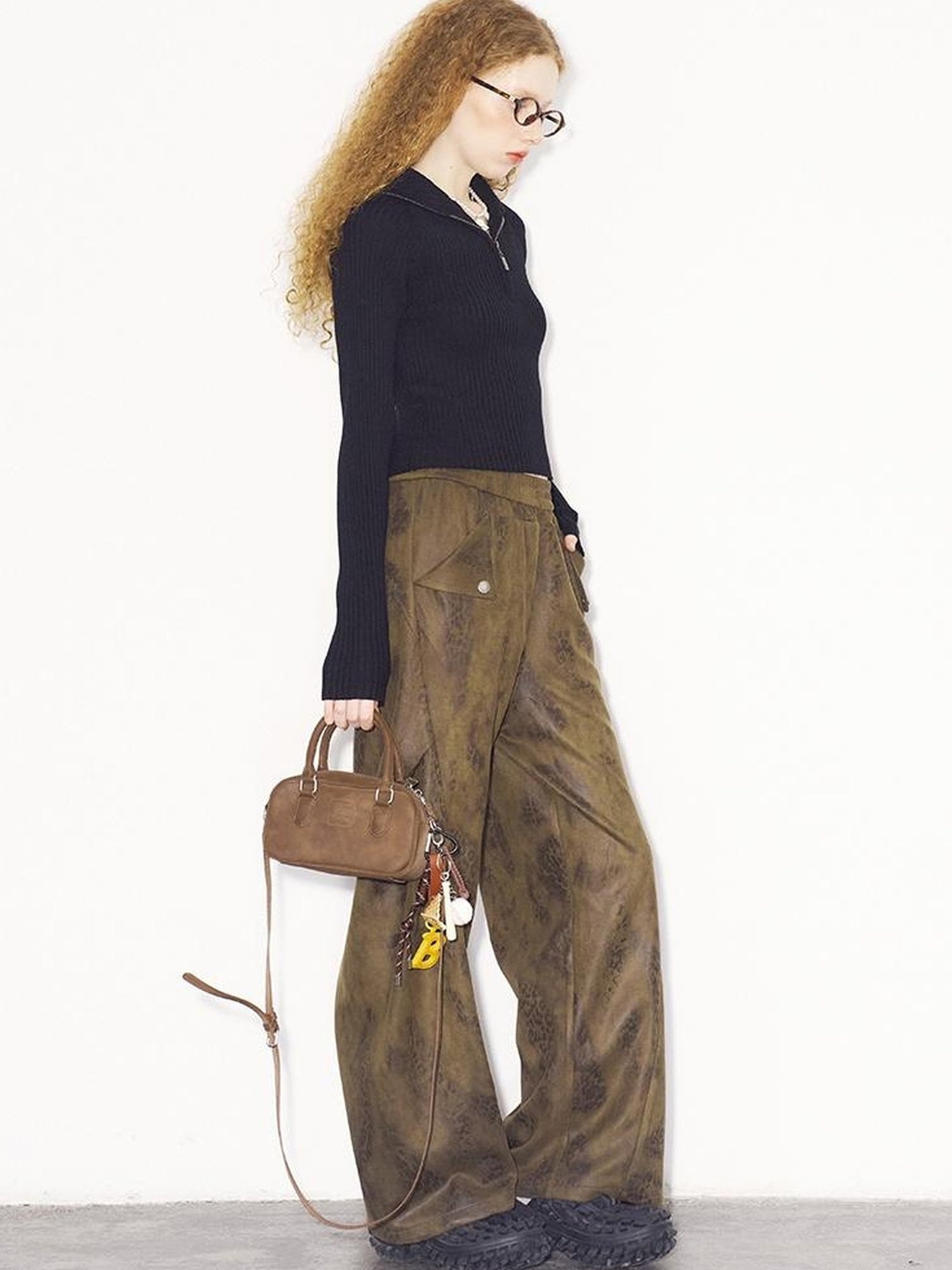 DIDDI MODA Pleated Patchwork Snake Print Relaxed Tapered Pants