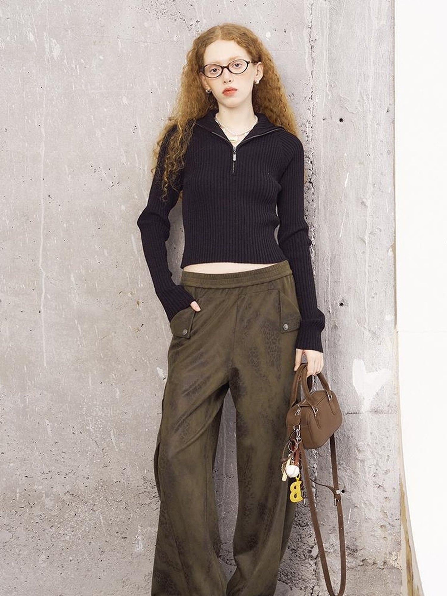 DIDDI MODA Pleated Patchwork Snake Print Relaxed Tapered Pants
