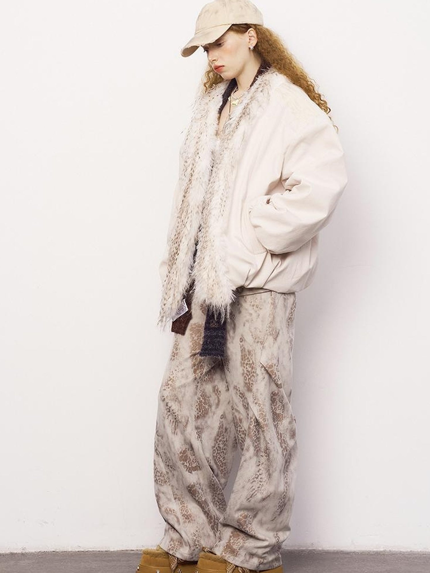 DIDDI MODA Pleated Patchwork Snake Print Relaxed Tapered Pants