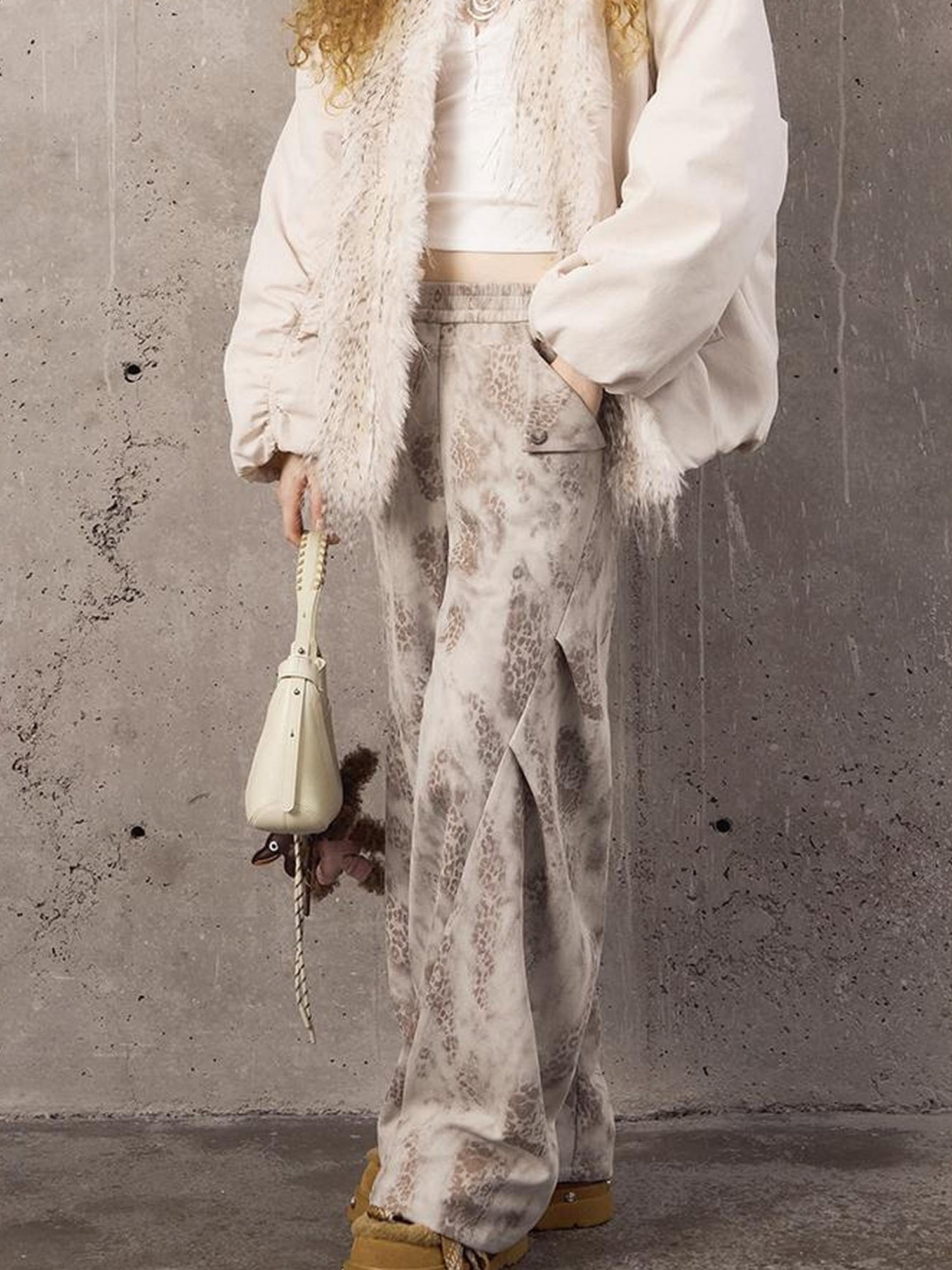 DIDDI MODA Pleated Patchwork Snake Print Relaxed Tapered Pants