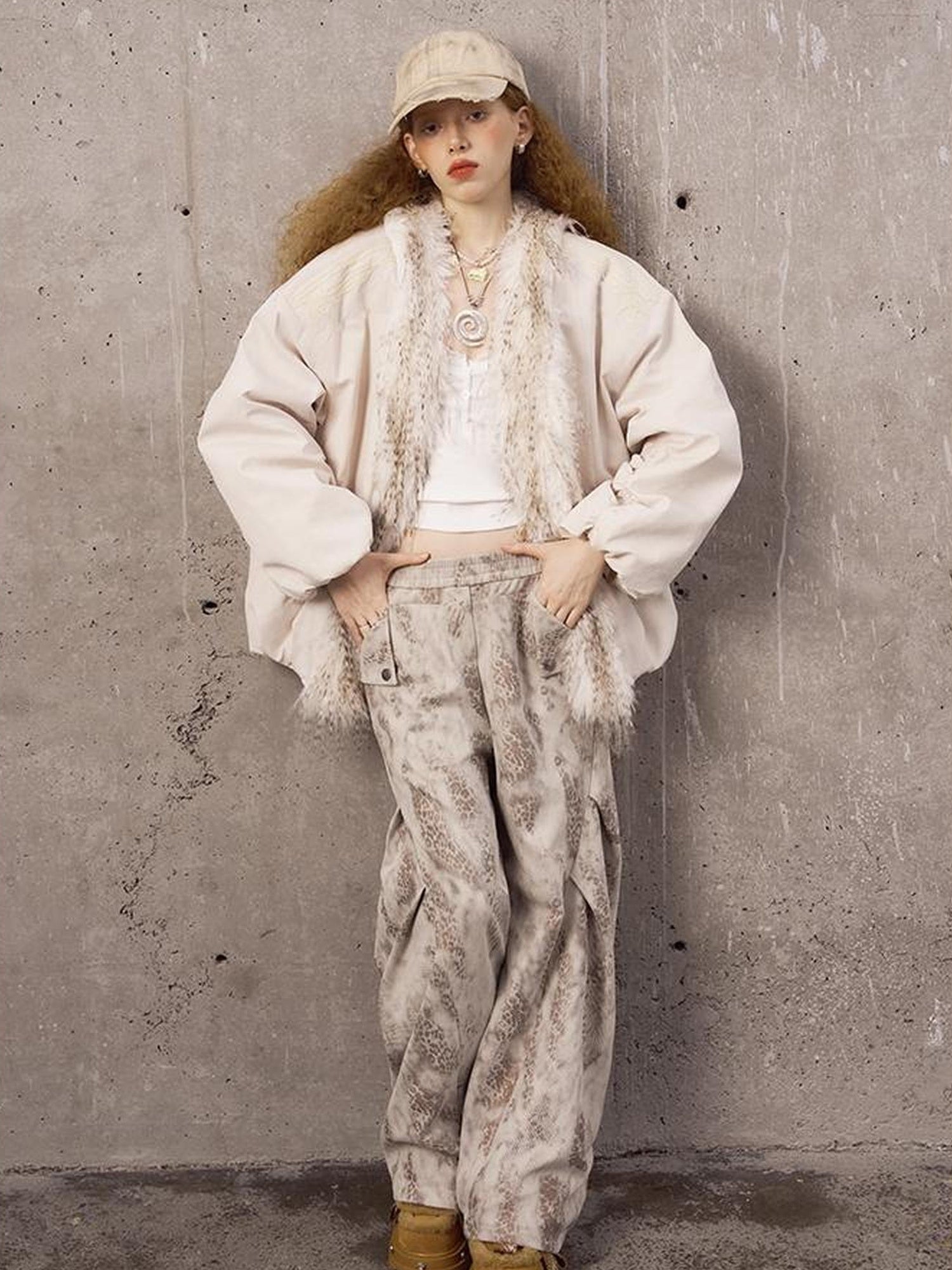 DIDDI MODA Pleated Patchwork Snake Print Relaxed Tapered Pants