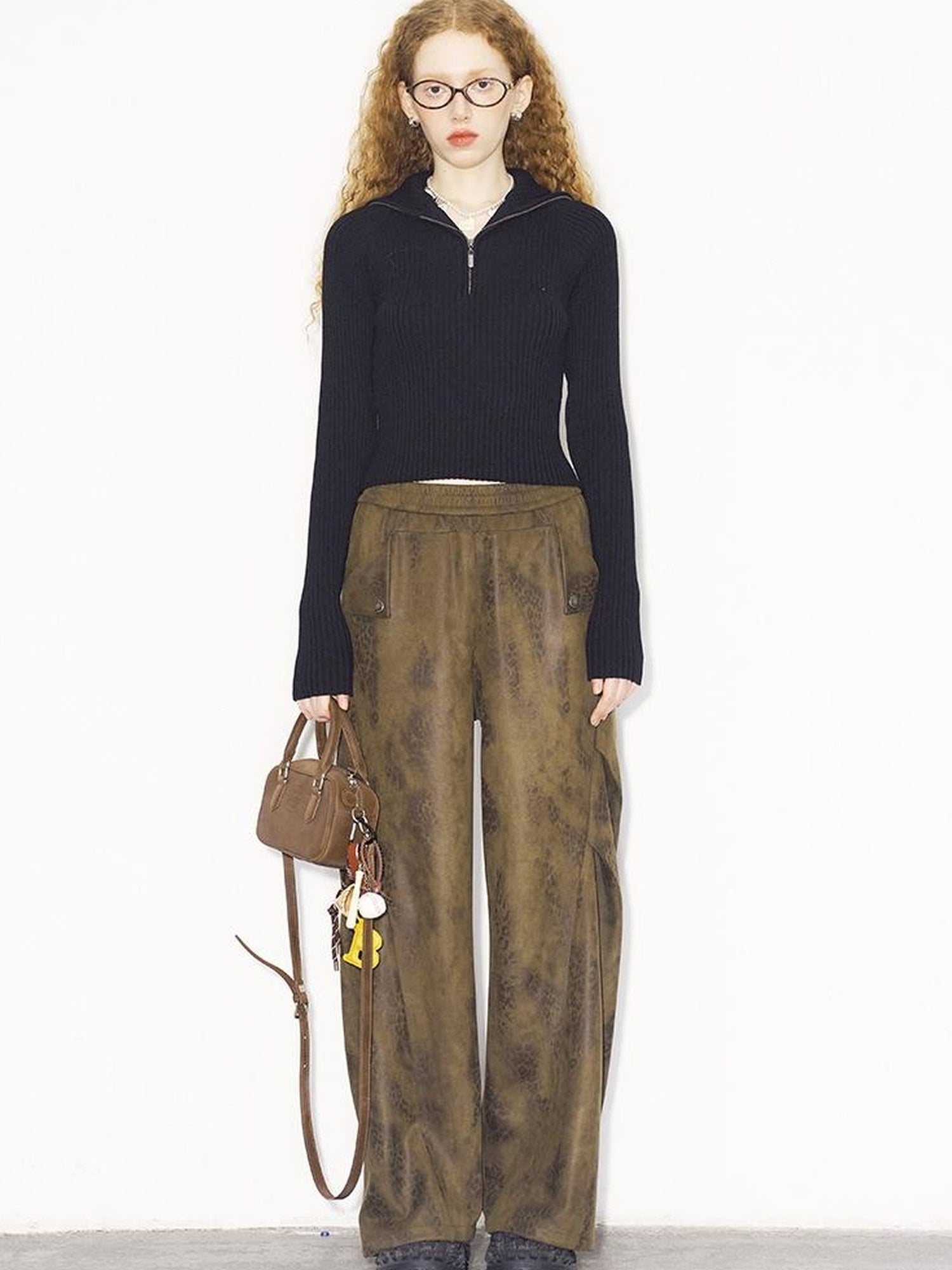 DIDDI MODA Pleated Patchwork Snake Print Relaxed Tapered Pants