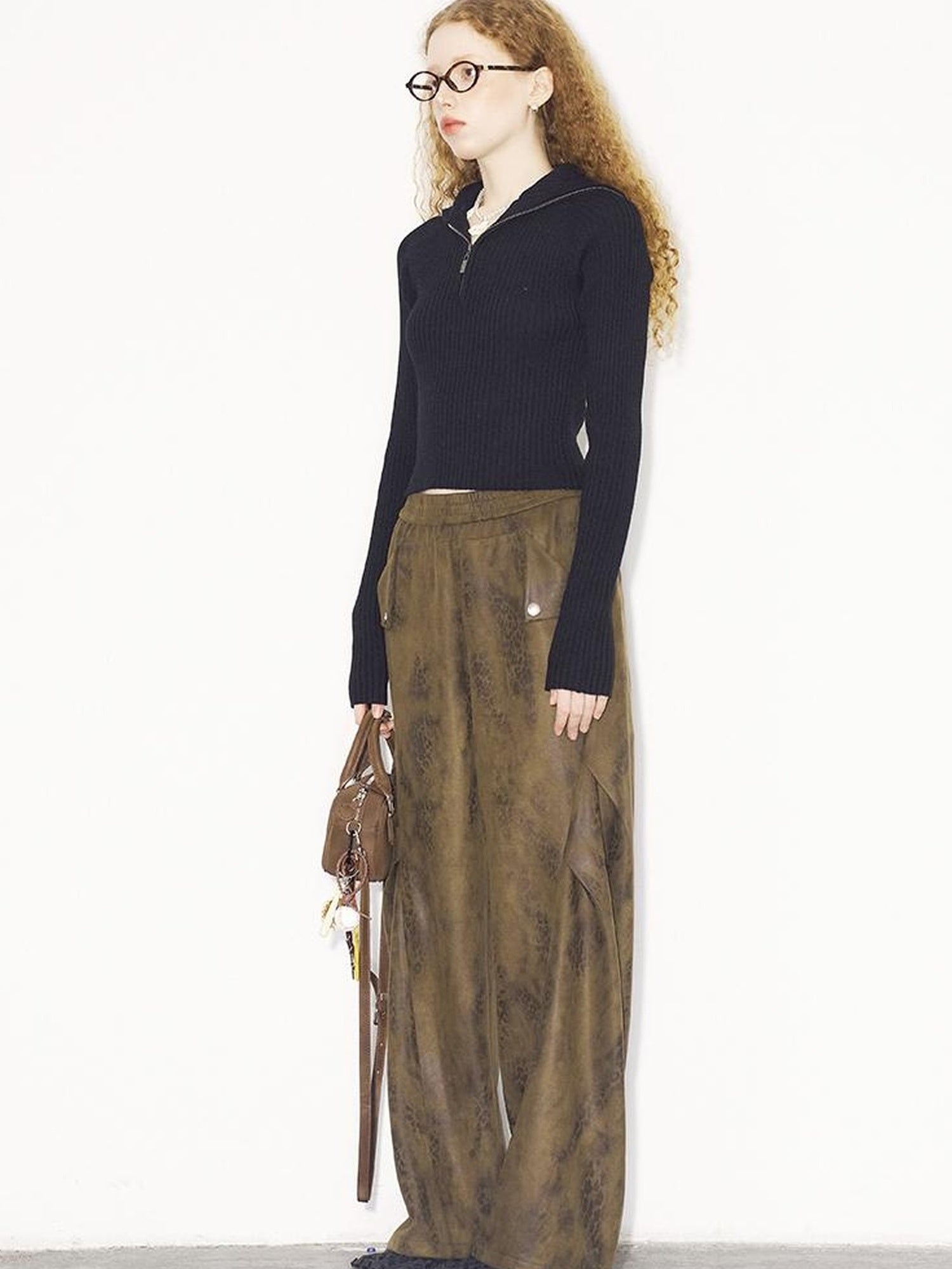 DIDDI MODA Pleated Patchwork Snake Print Relaxed Tapered Pants