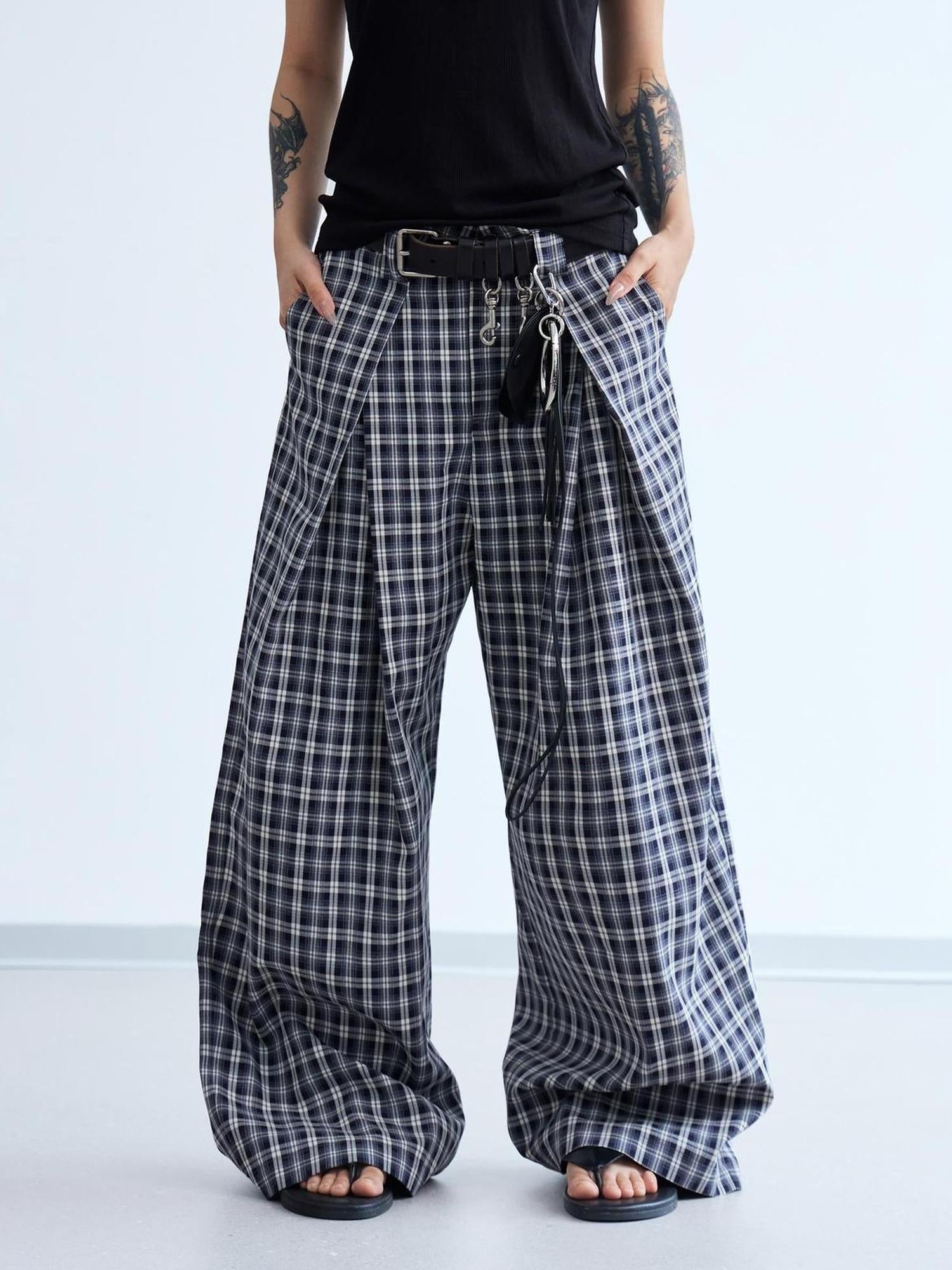 Peoplesense Pleated Plaid Wide Leg Pants Unisex Relaxed Fit Retro Trousers