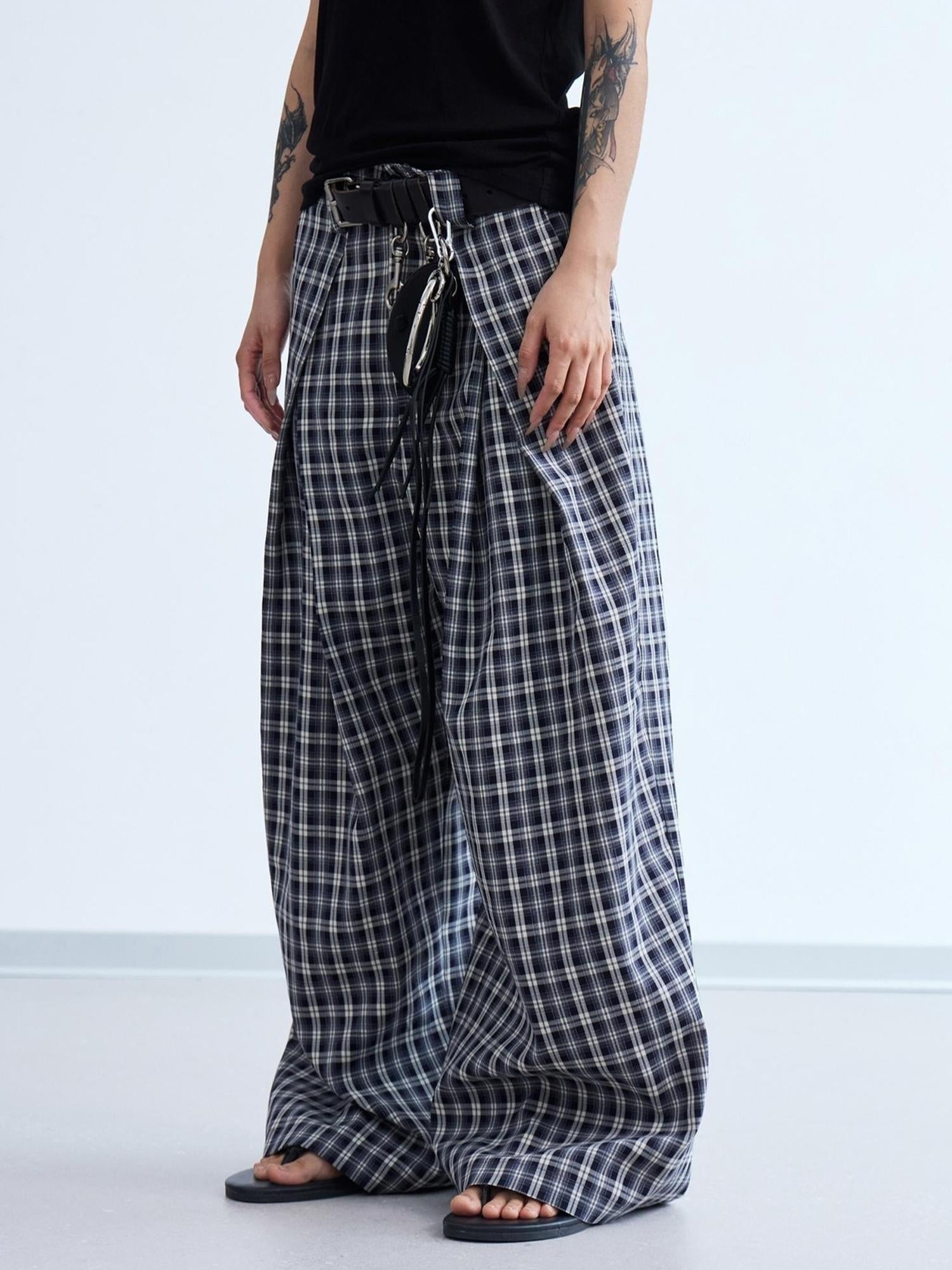 Peoplesense Pleated Plaid Wide Leg Pants Unisex Relaxed Fit Retro Trousers