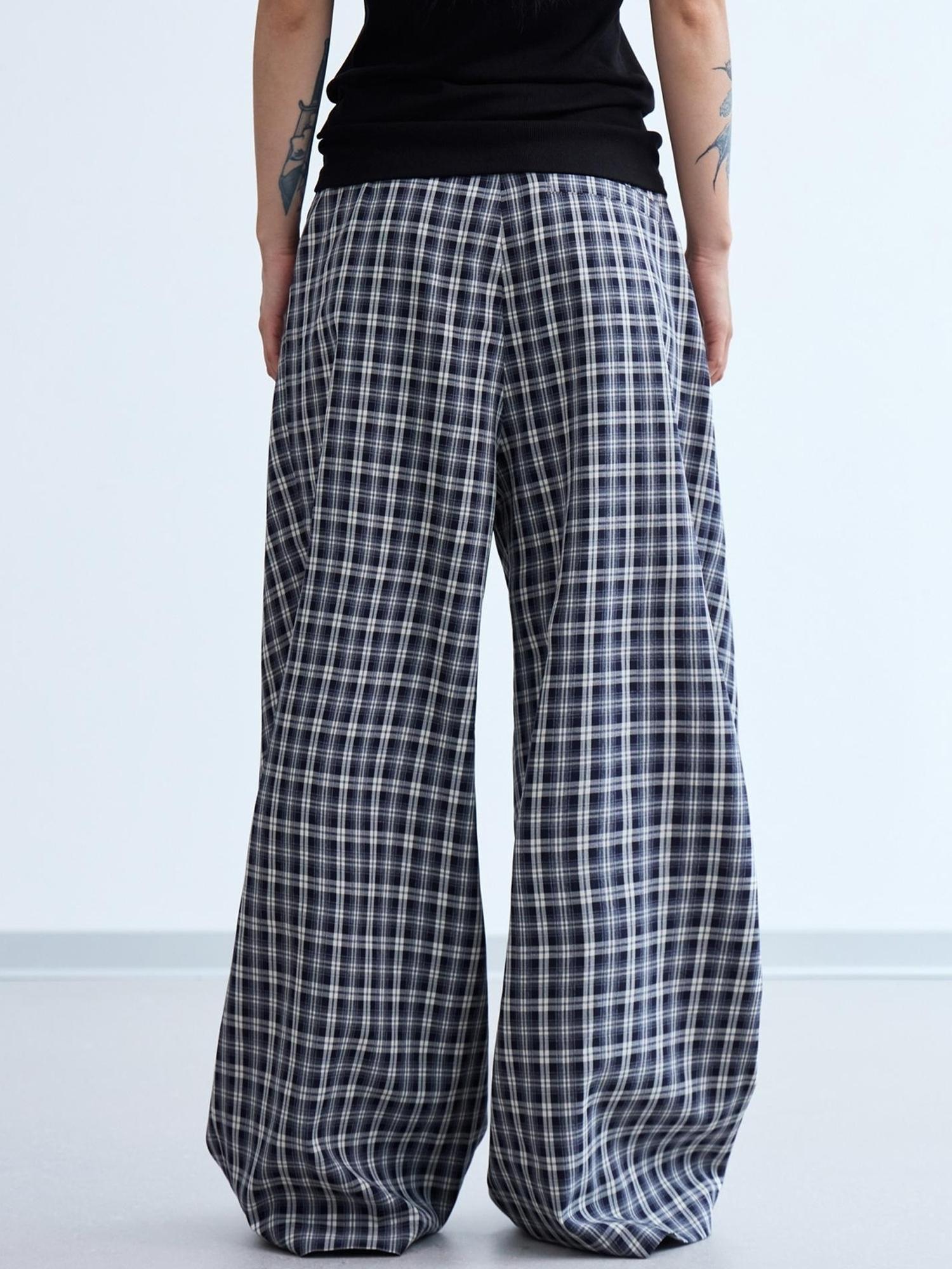 Peoplesense Pleated Plaid Wide Leg Pants Unisex Relaxed Fit Retro Trousers
