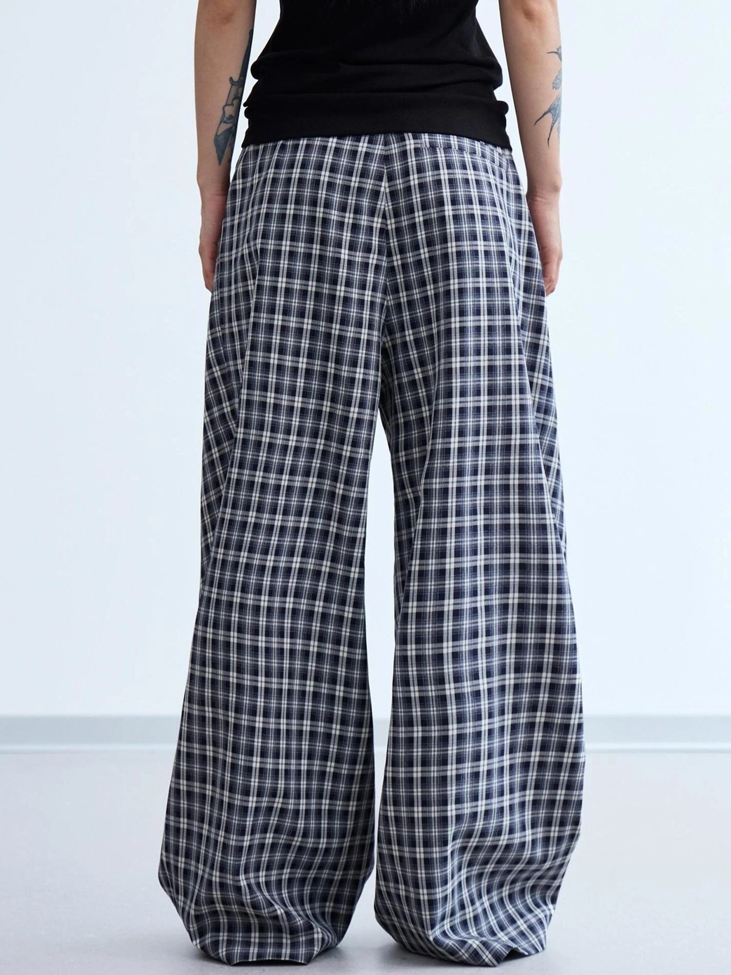 Pleated Plaid Wide Leg Pants Unisex Relaxed Fit Retro Trousers