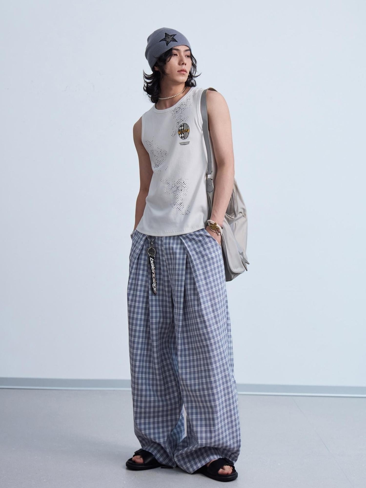 Peoplesense Pleated Plaid Wide Leg Pants Unisex Relaxed Fit Retro Trousers