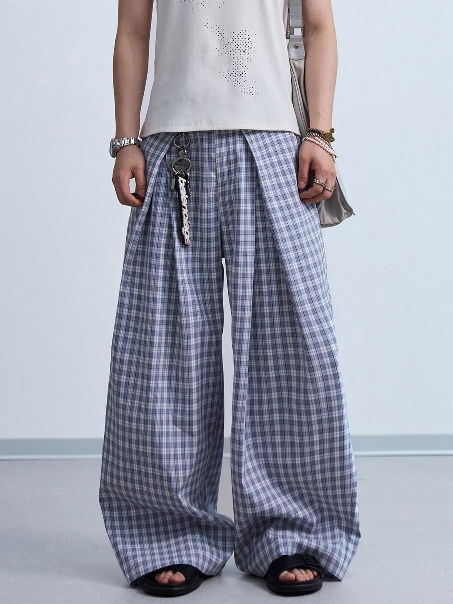 Peoplesense Pleated Plaid Wide Leg Pants Unisex Relaxed Fit Retro Trousers