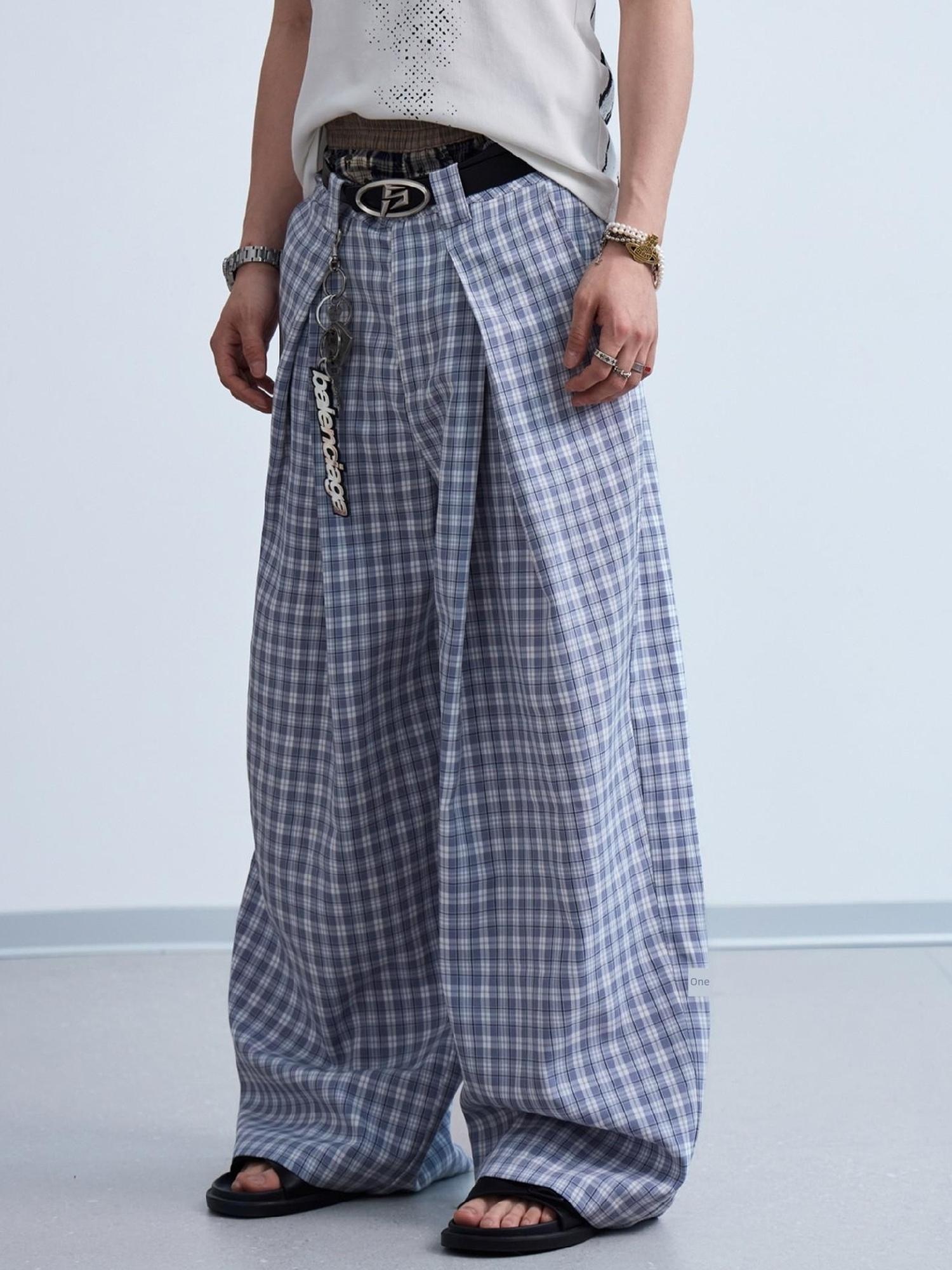 Peoplesense Pleated Plaid Wide Leg Pants Unisex Relaxed Fit Retro Trousers