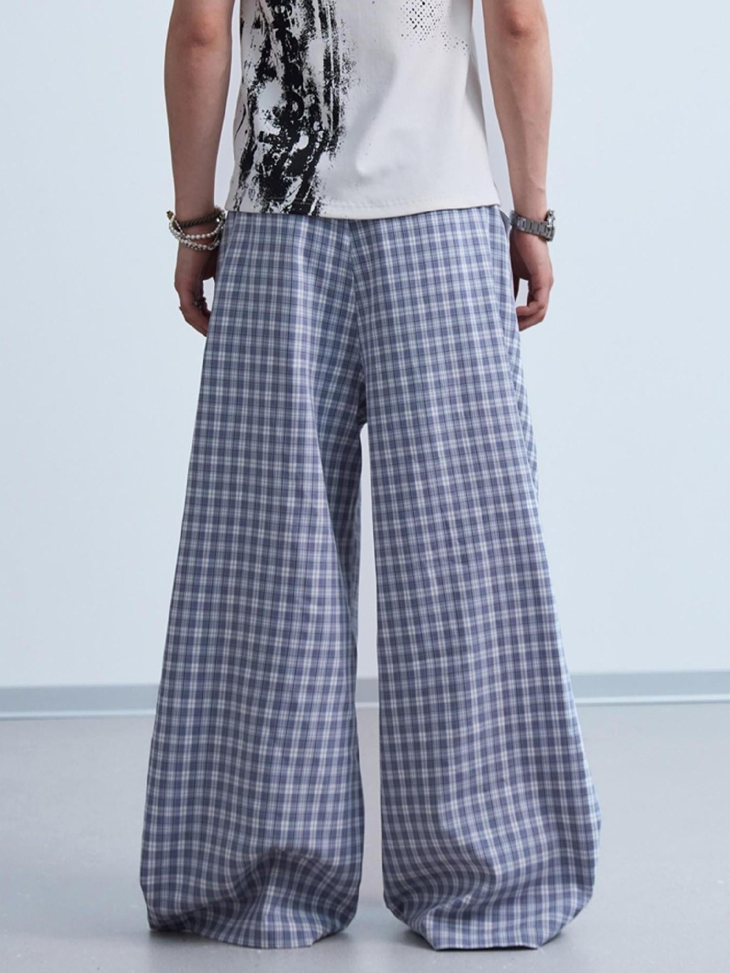 Peoplesense Pleated Plaid Wide Leg Pants Unisex Relaxed Fit Retro Trousers
