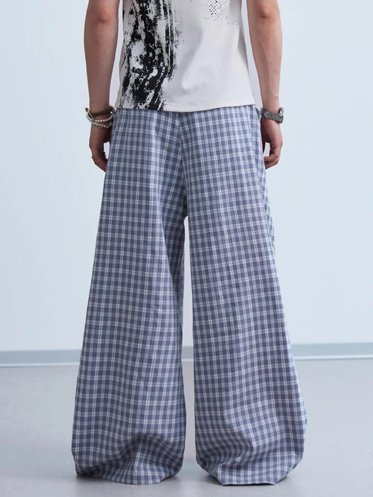 Pleated Plaid Wide Leg Pants Unisex Relaxed Fit Retro Trousers