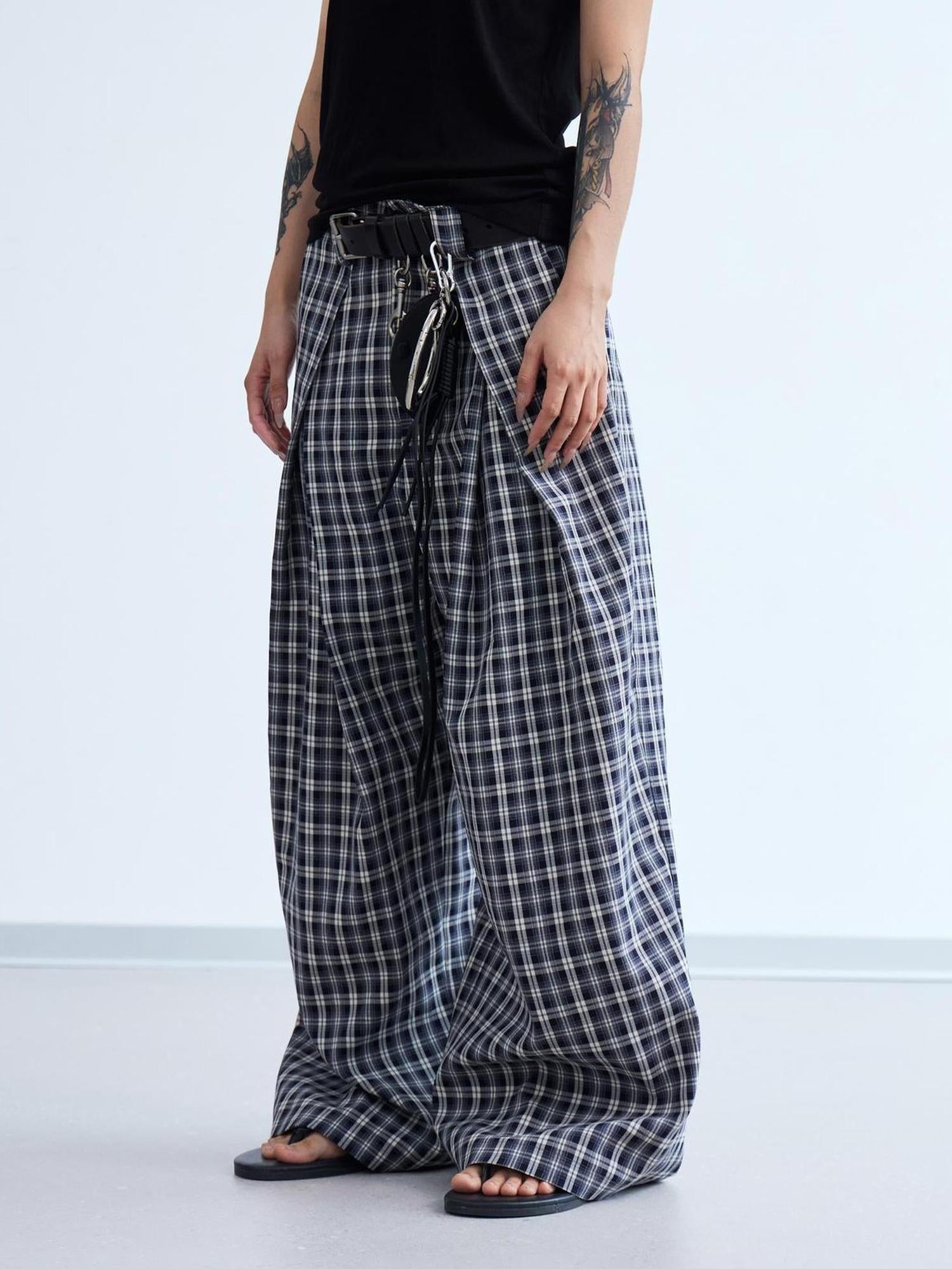 Peoplesense Pleated Plaid Wide Leg Pants Unisex Relaxed Fit Retro Trousers