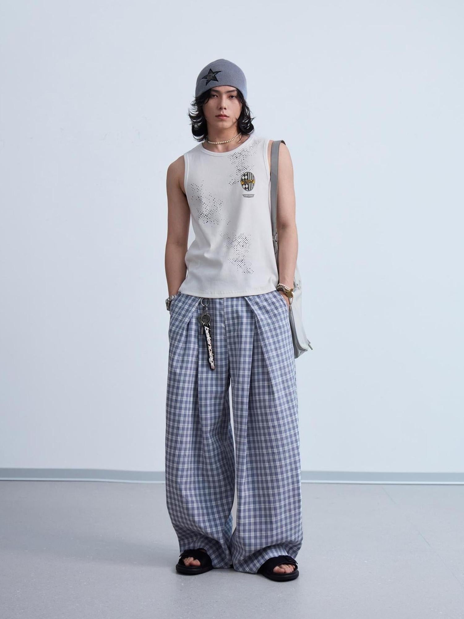 Peoplesense Pleated Plaid Wide Leg Pants Unisex Relaxed Fit Retro Trousers