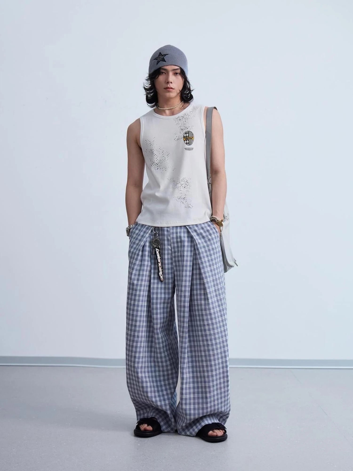 Pleated Plaid Wide Leg Pants Unisex Relaxed Fit Retro Trousers
