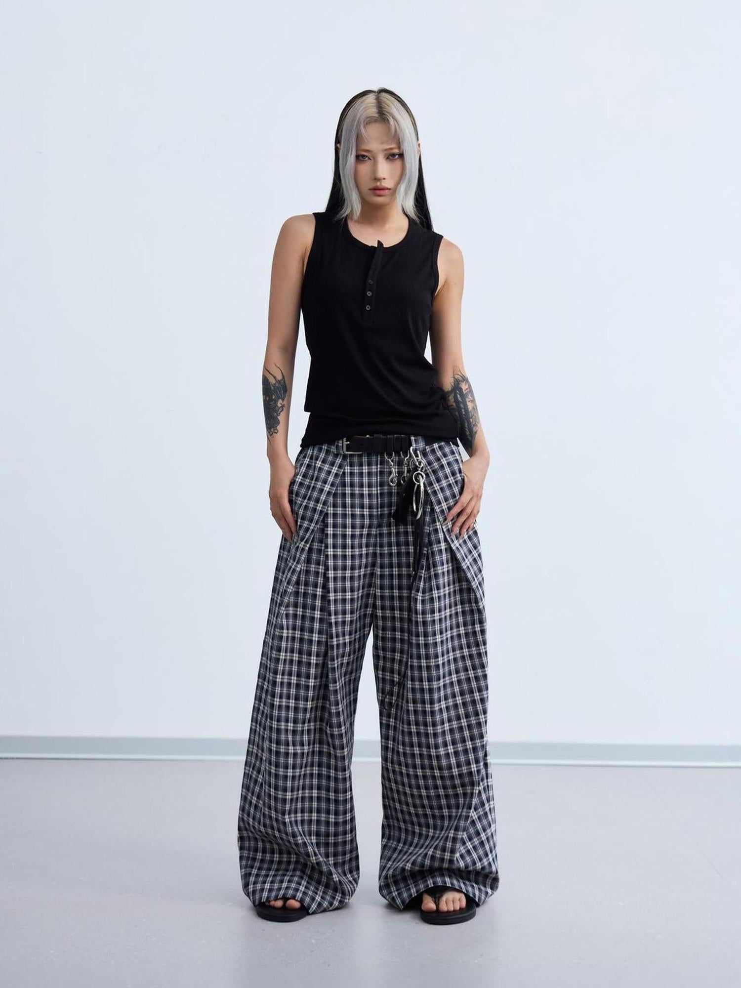 Peoplesense Pleated Plaid Wide Leg Pants Unisex Relaxed Fit Retro Trousers