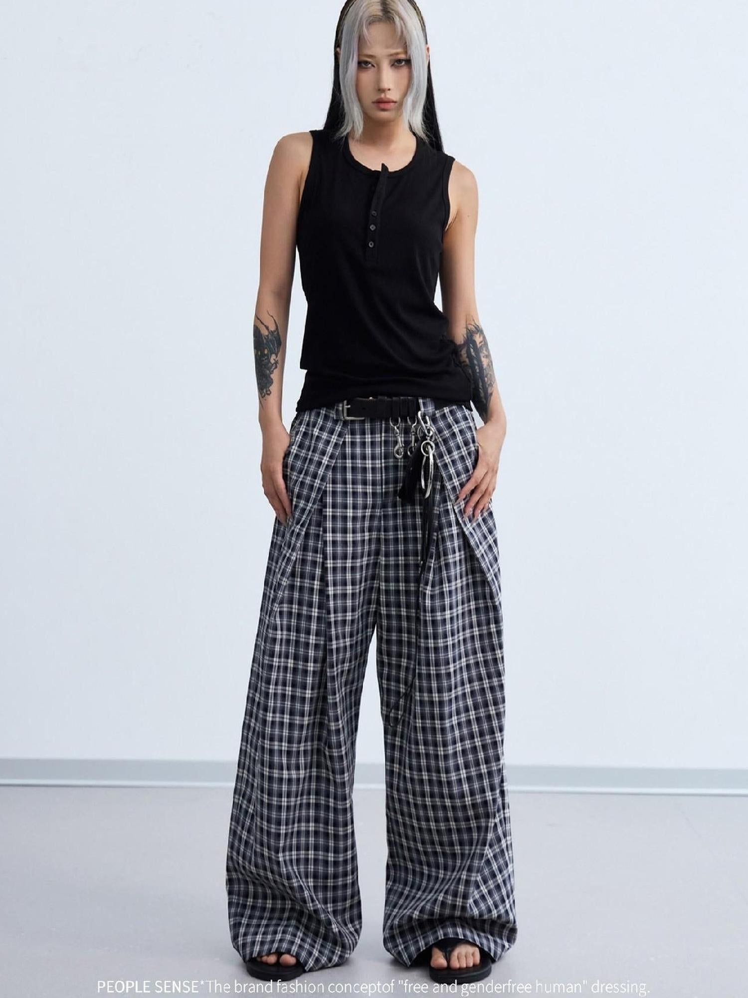 Peoplesense Pleated Plaid Wide Leg Pants Unisex Relaxed Fit Retro Trousers