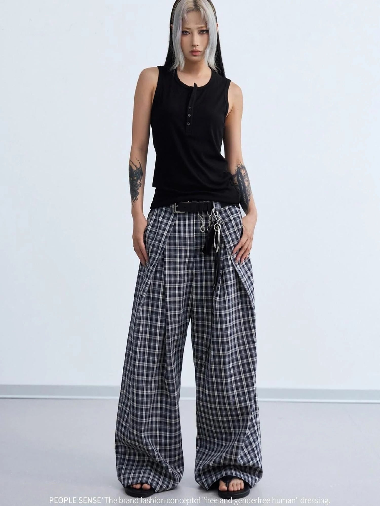 Pleated Plaid Wide Leg Pants Unisex Relaxed Fit Retro Trousers