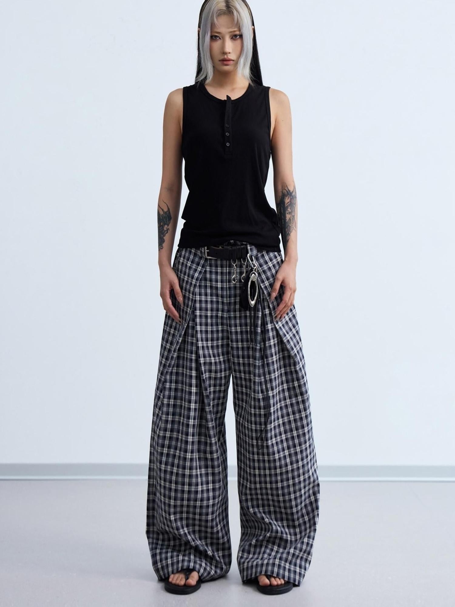 Peoplesense Pleated Plaid Wide Leg Pants Unisex Relaxed Fit Retro Trousers