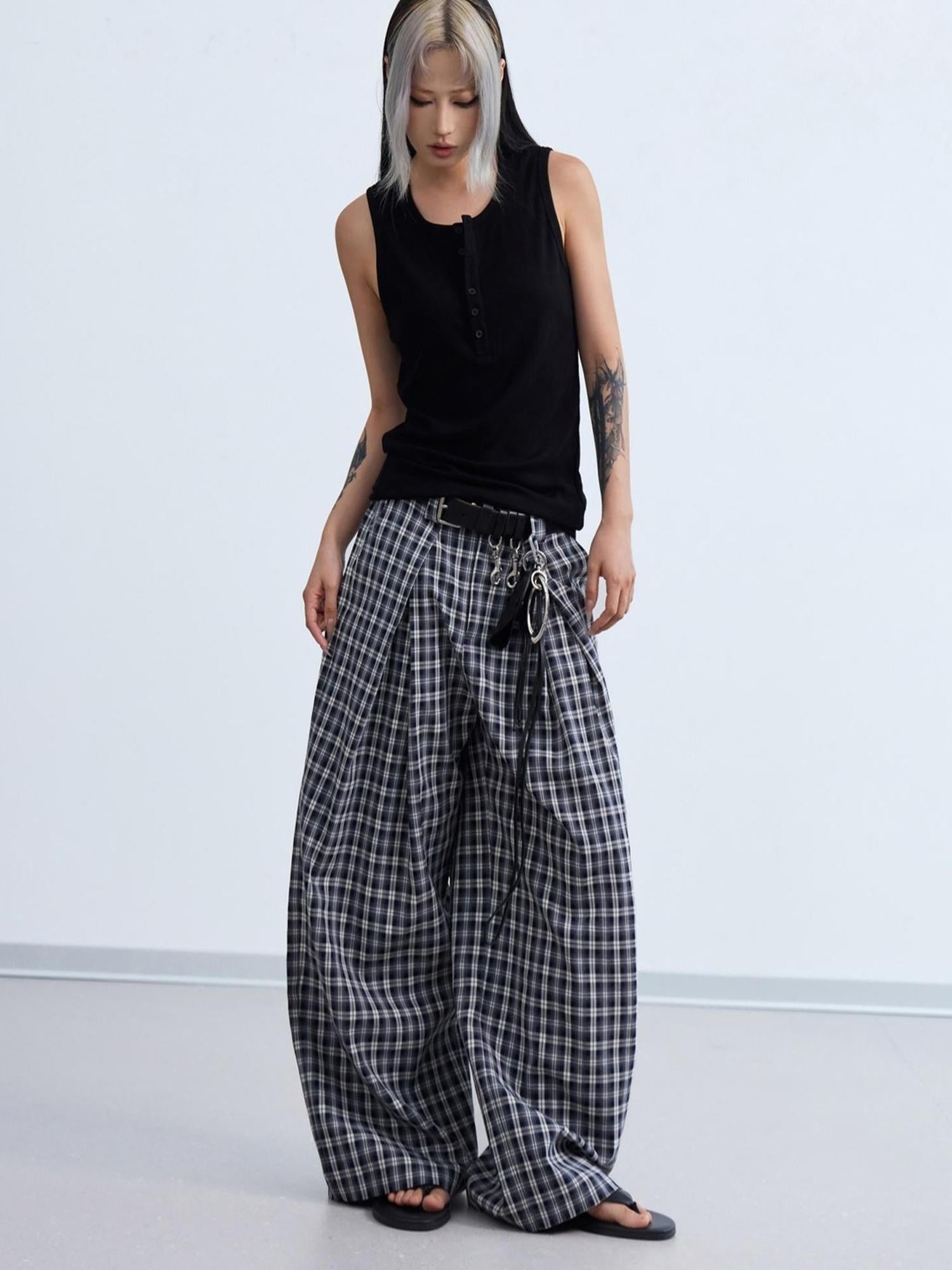 Peoplesense Pleated Plaid Wide Leg Pants Unisex Relaxed Fit Retro Trousers