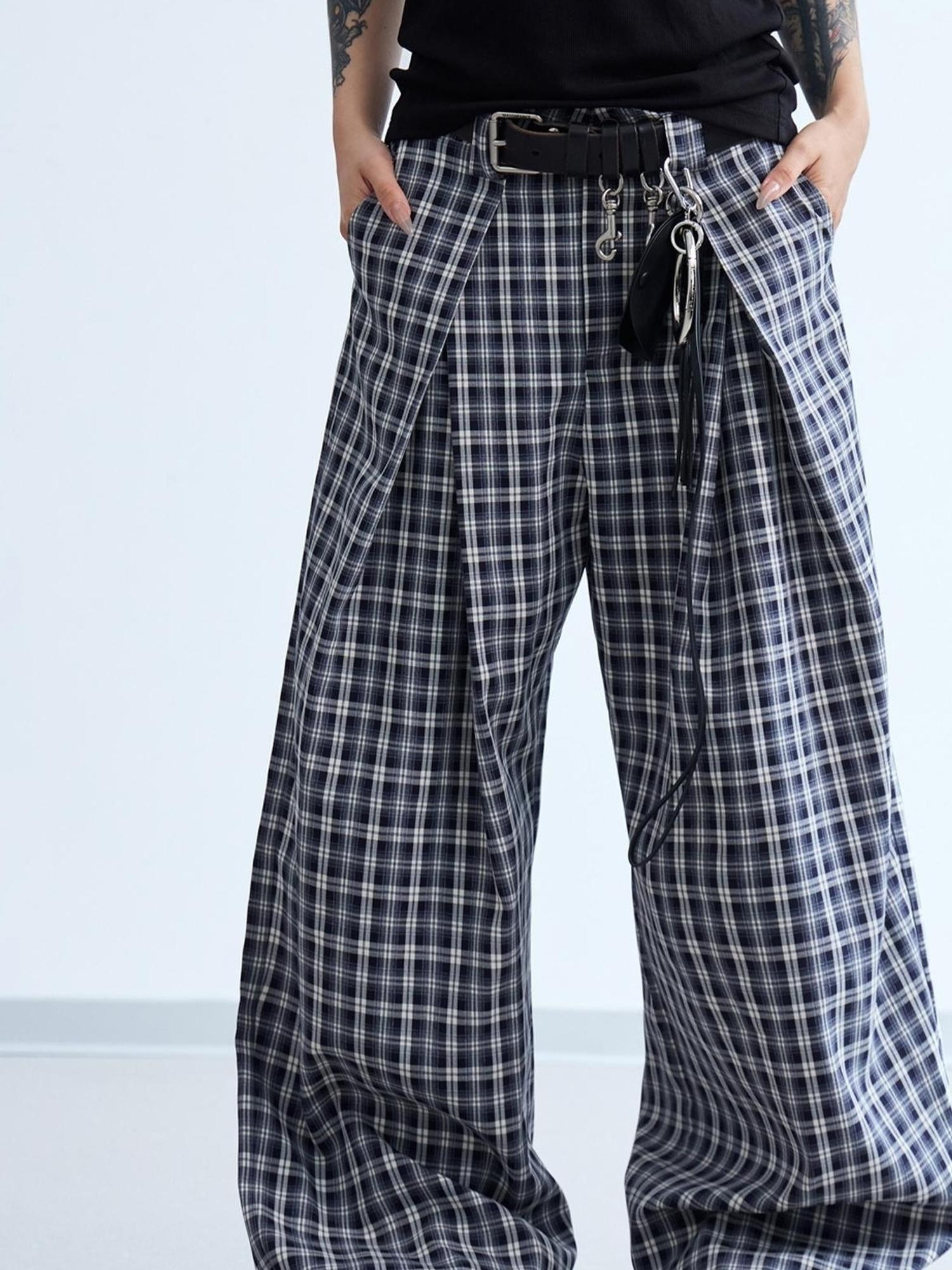 Peoplesense Pleated Plaid Wide Leg Pants Unisex Relaxed Fit Retro Trousers