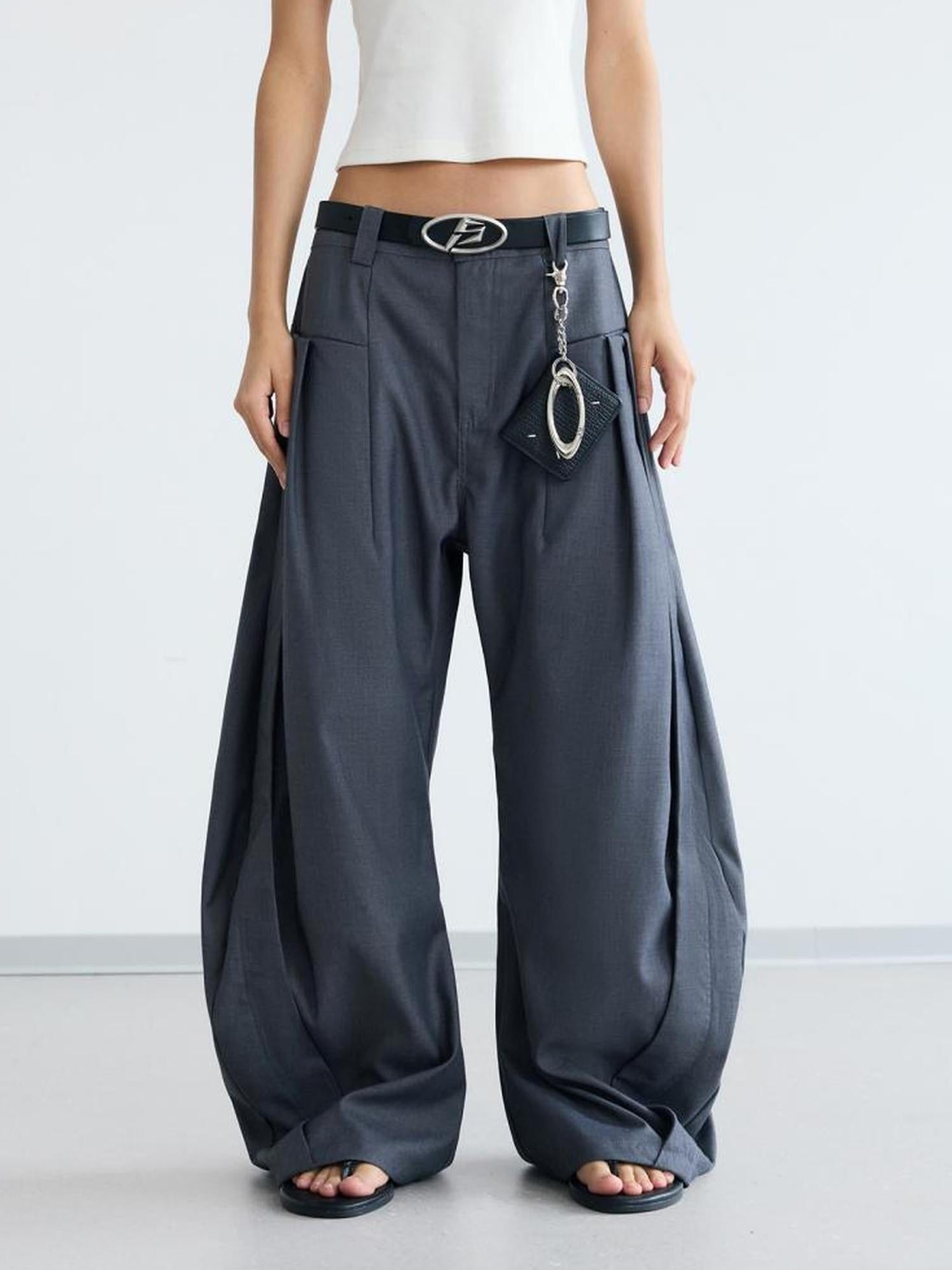 Peoplesense Pleated Scimitar Trousers With Slip Pockets Polyester Loose Fit
