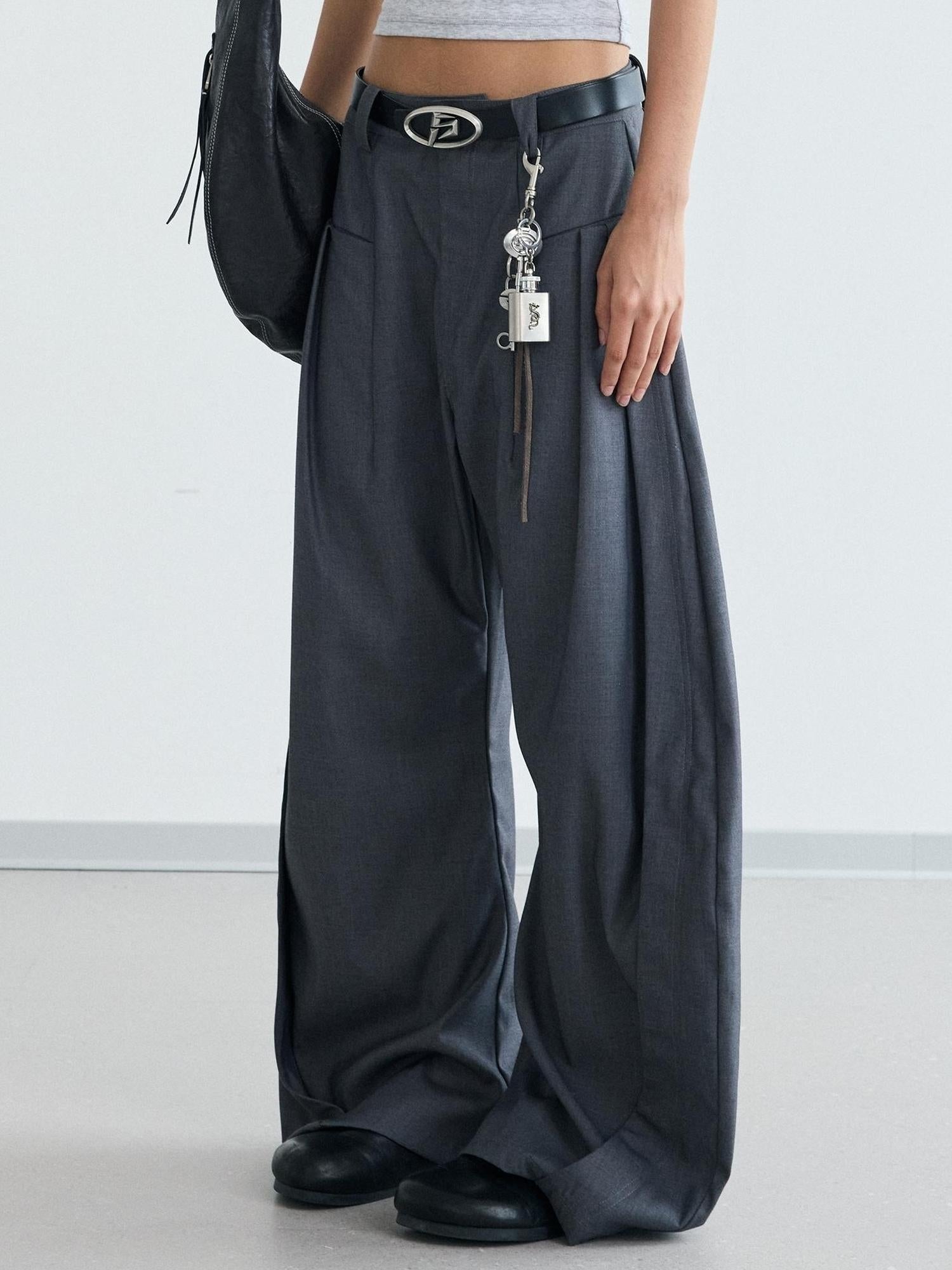 Peoplesense Pleated Scimitar Trousers With Slip Pockets Polyester Loose Fit