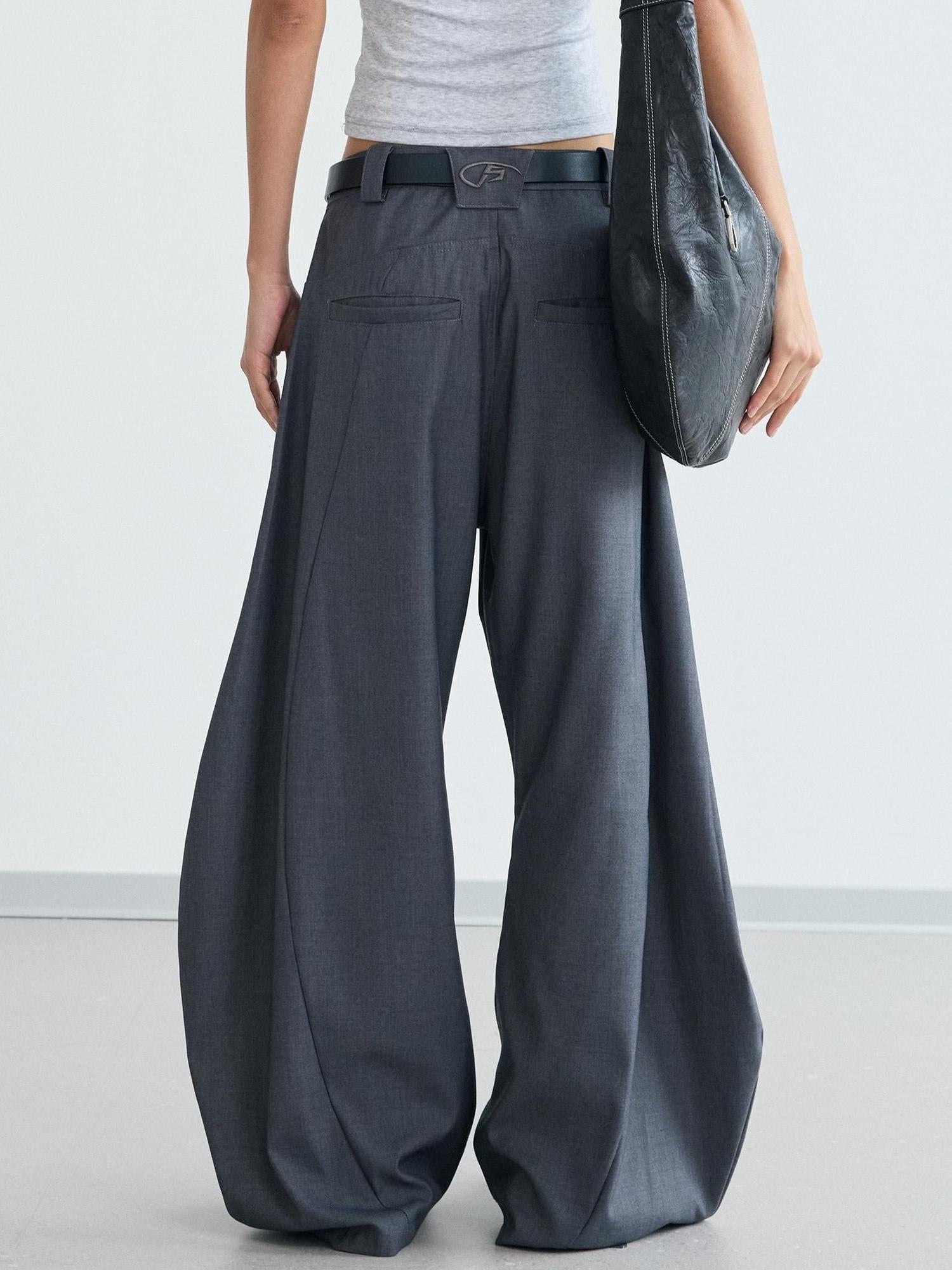 Peoplesense Pleated Scimitar Trousers With Slip Pockets Polyester Loose Fit