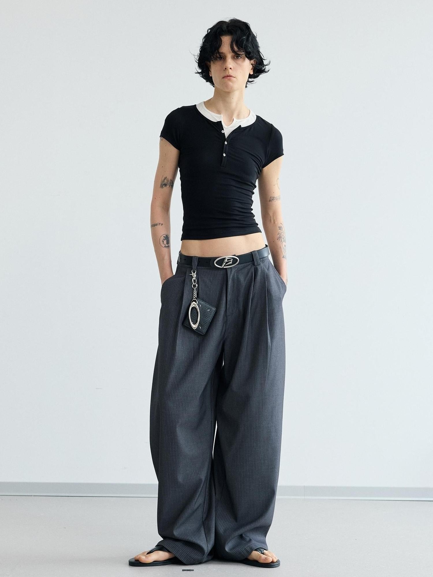 Peoplesense Pleated Scimitar Trousers With Slip Pockets Polyester Loose Fit