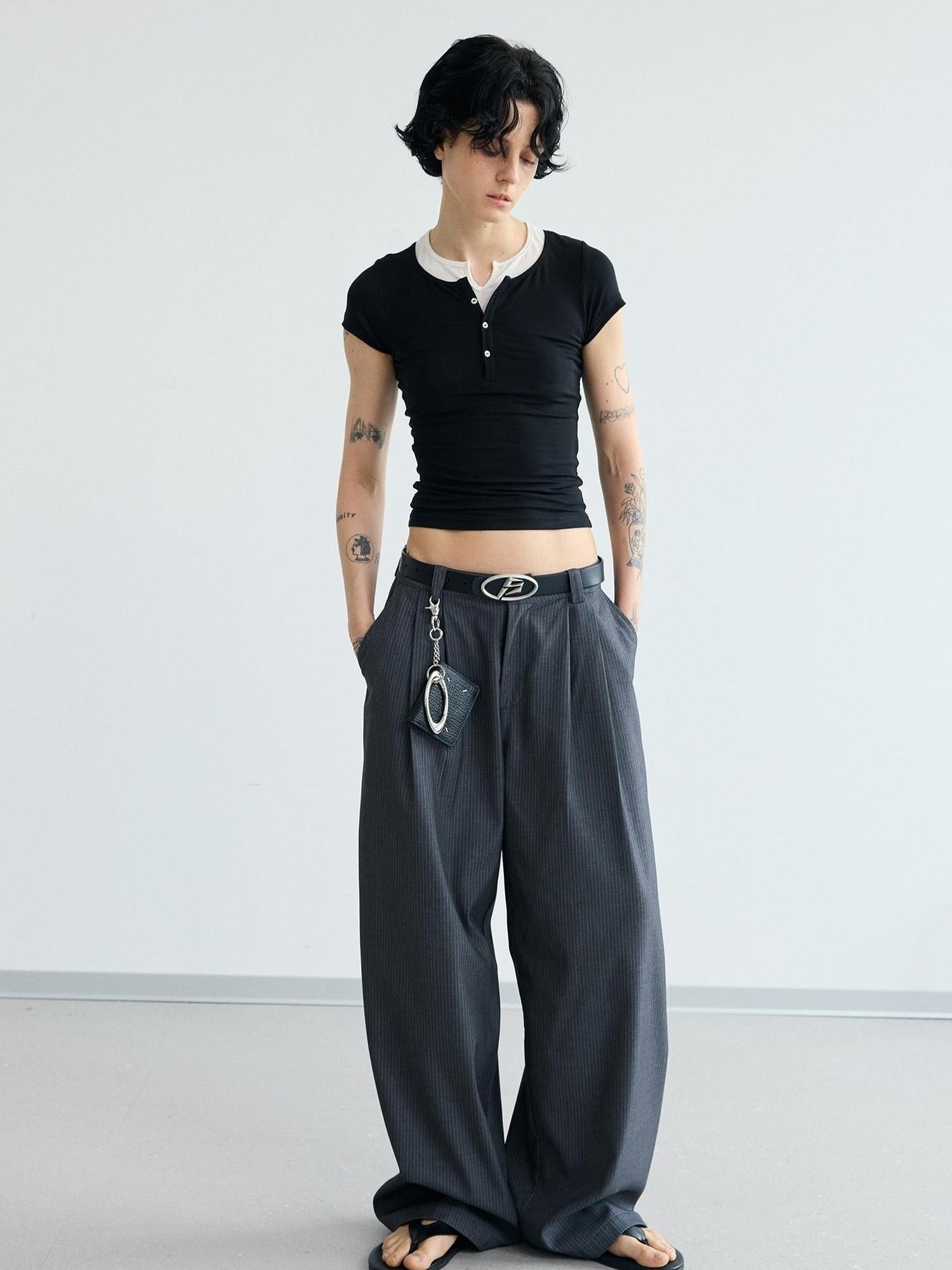 Peoplesense Pleated Scimitar Trousers With Slip Pockets Polyester Loose Fit