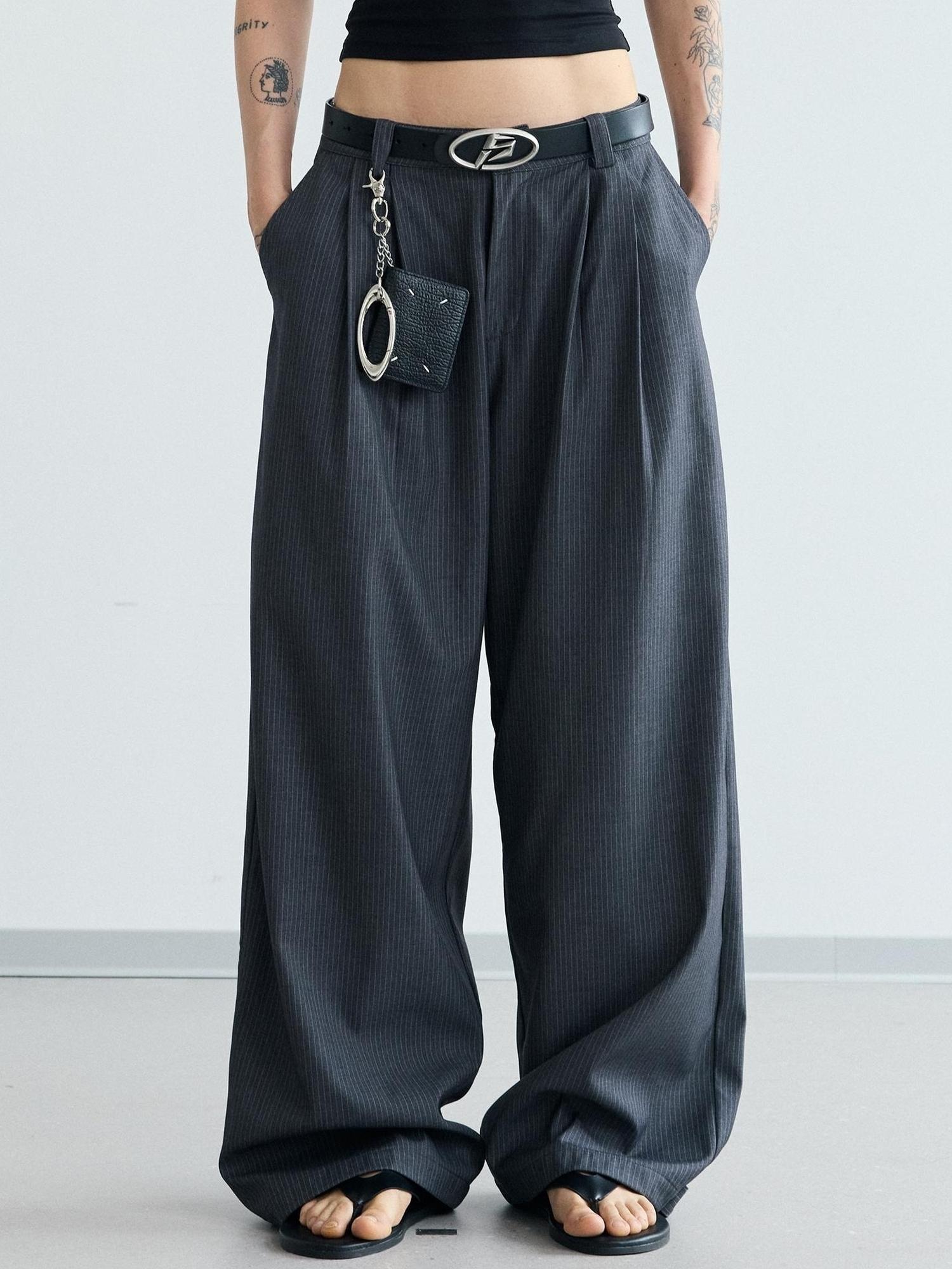 Peoplesense Pleated Scimitar Trousers With Slip Pockets Polyester Loose Fit
