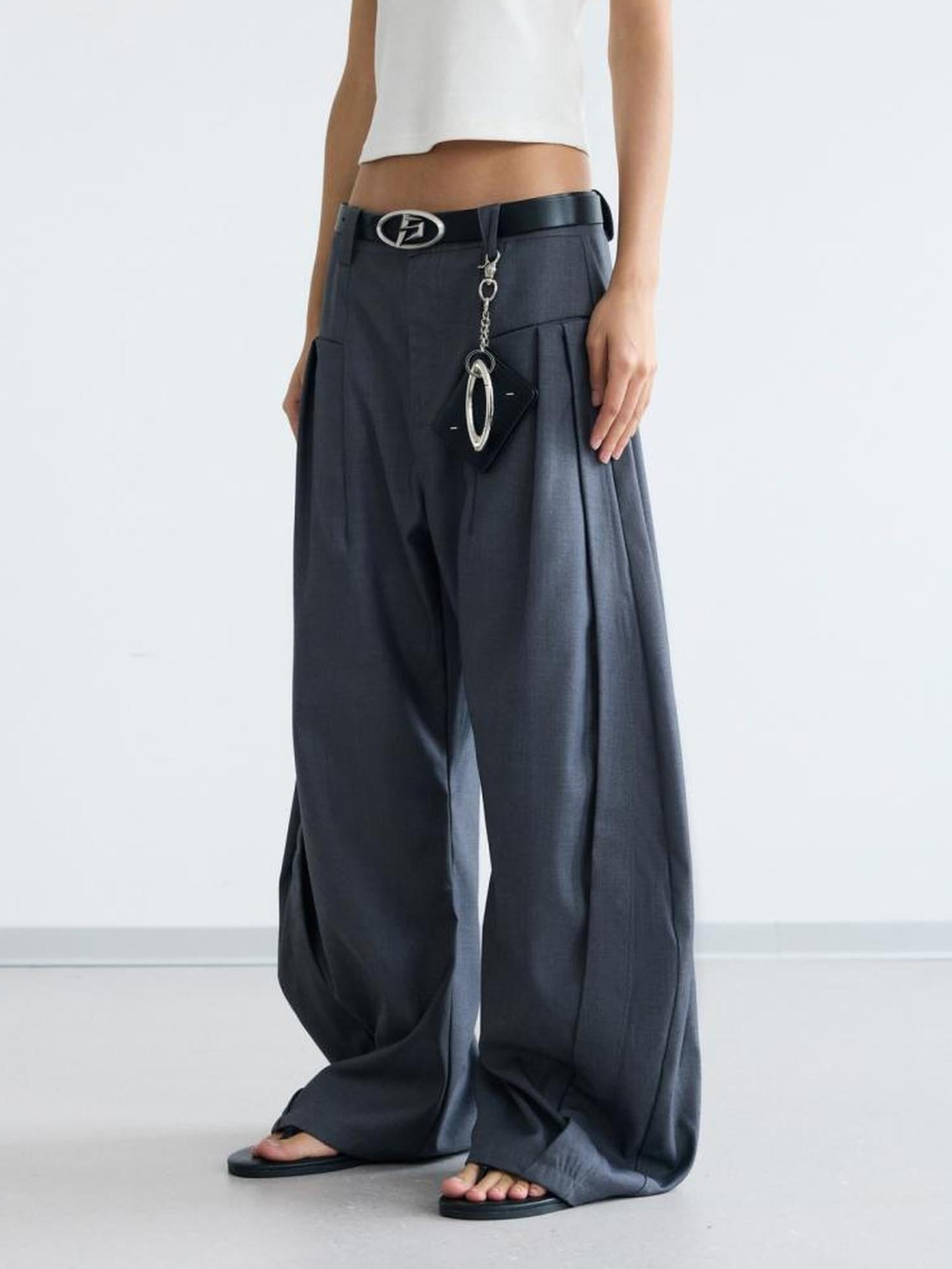 Peoplesense Pleated Scimitar Trousers With Slip Pockets Polyester Loose Fit