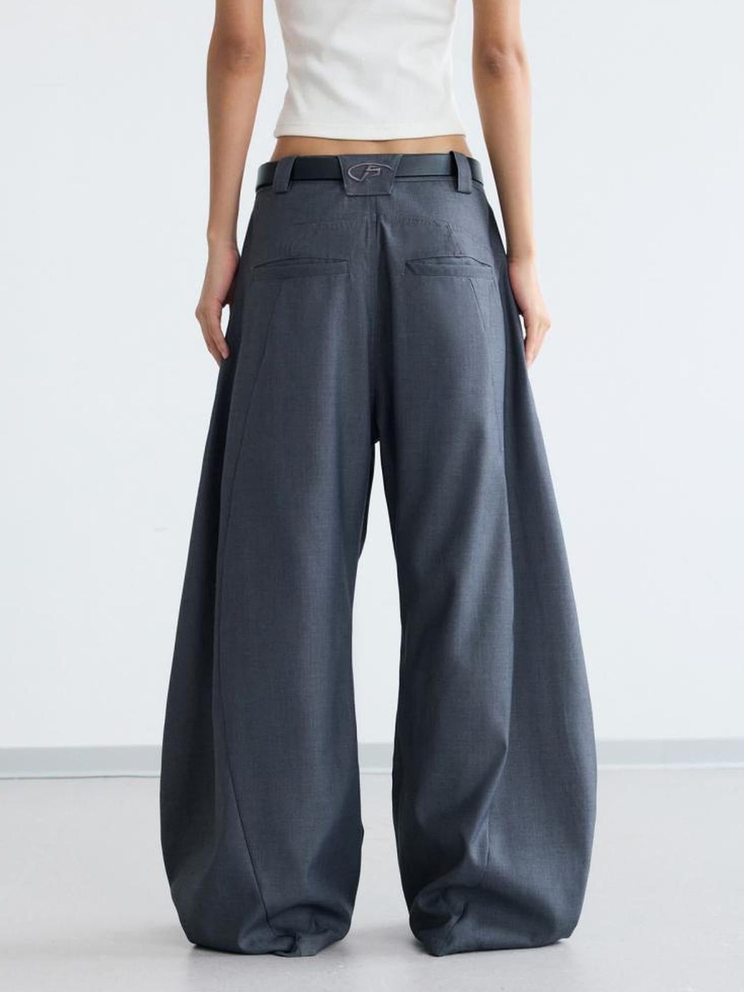 Peoplesense Pleated Scimitar Trousers With Slip Pockets Polyester Loose Fit
