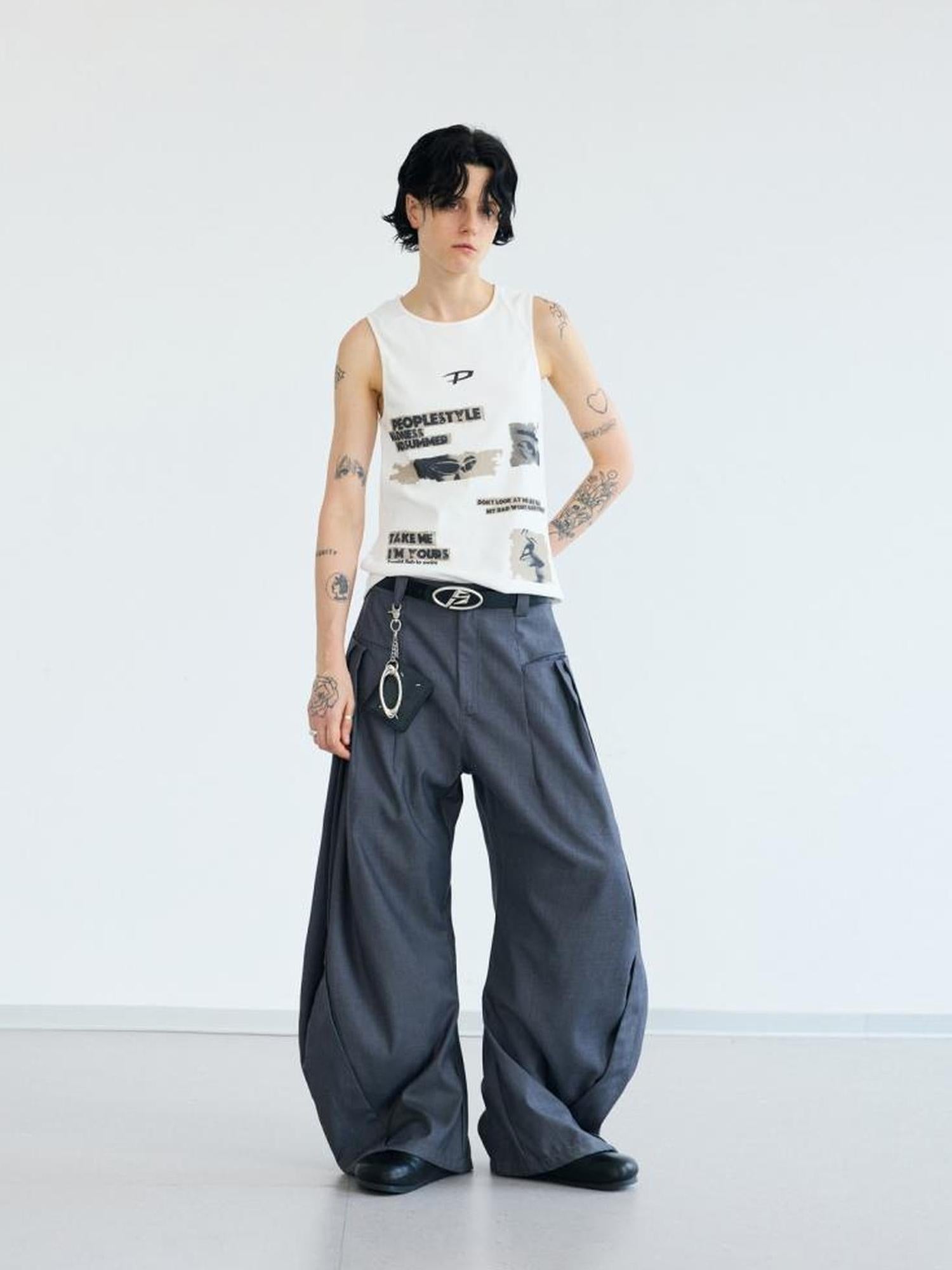 Peoplesense Pleated Scimitar Trousers With Slip Pockets Polyester Loose Fit