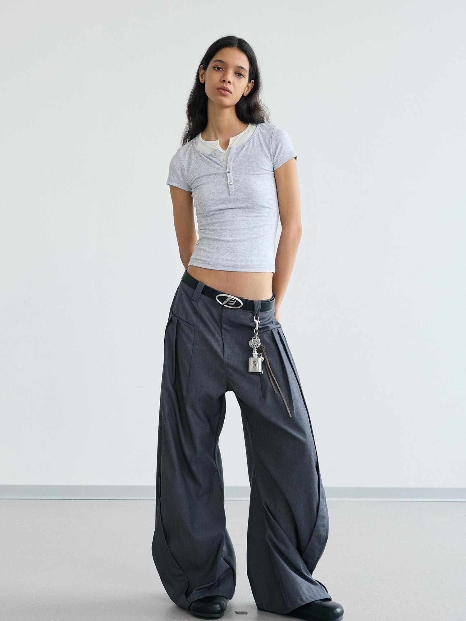 Peoplesense Pleated Scimitar Trousers With Slip Pockets Polyester Loose Fit