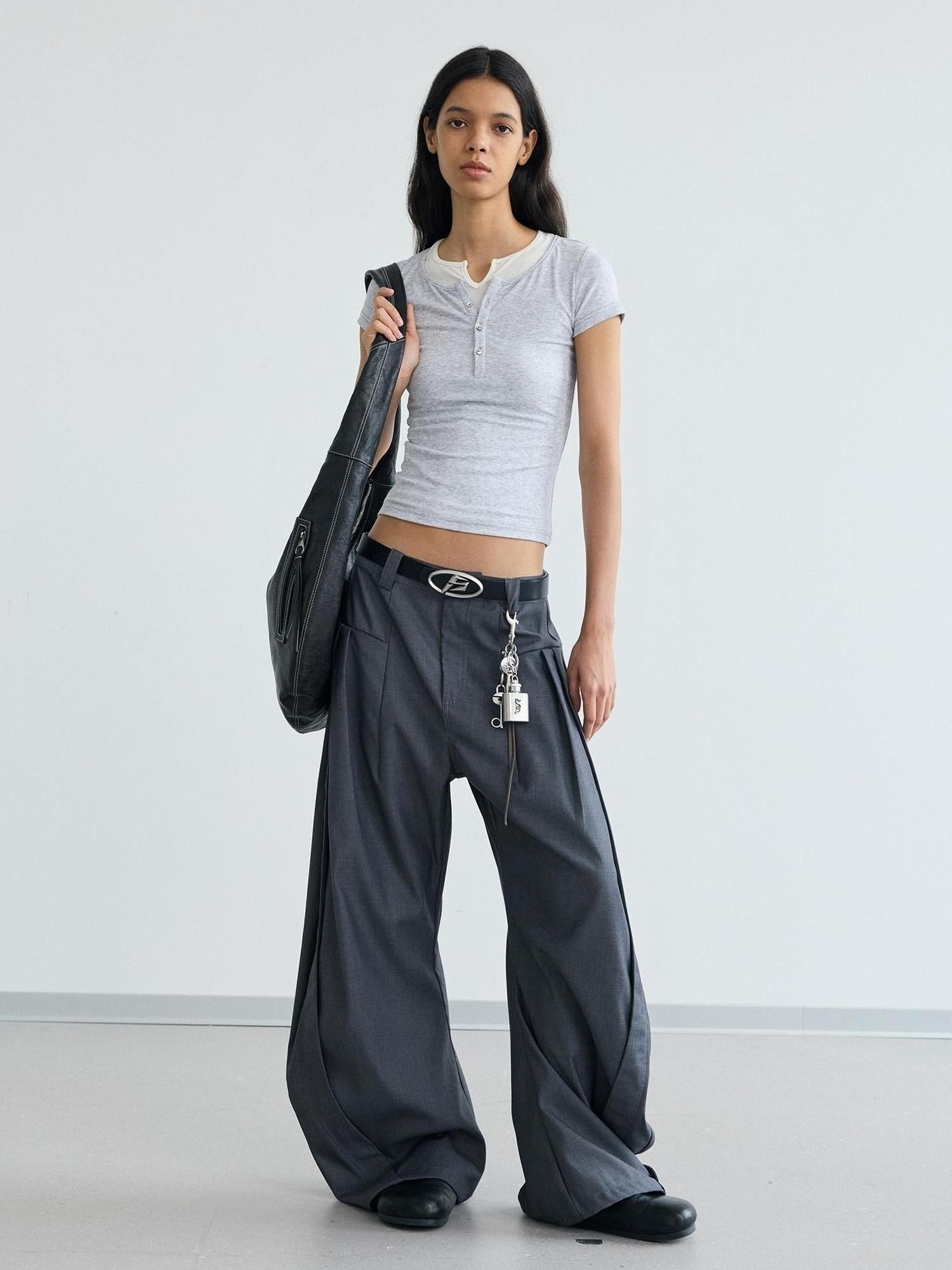 Peoplesense Pleated Scimitar Trousers With Slip Pockets Polyester Loose Fit
