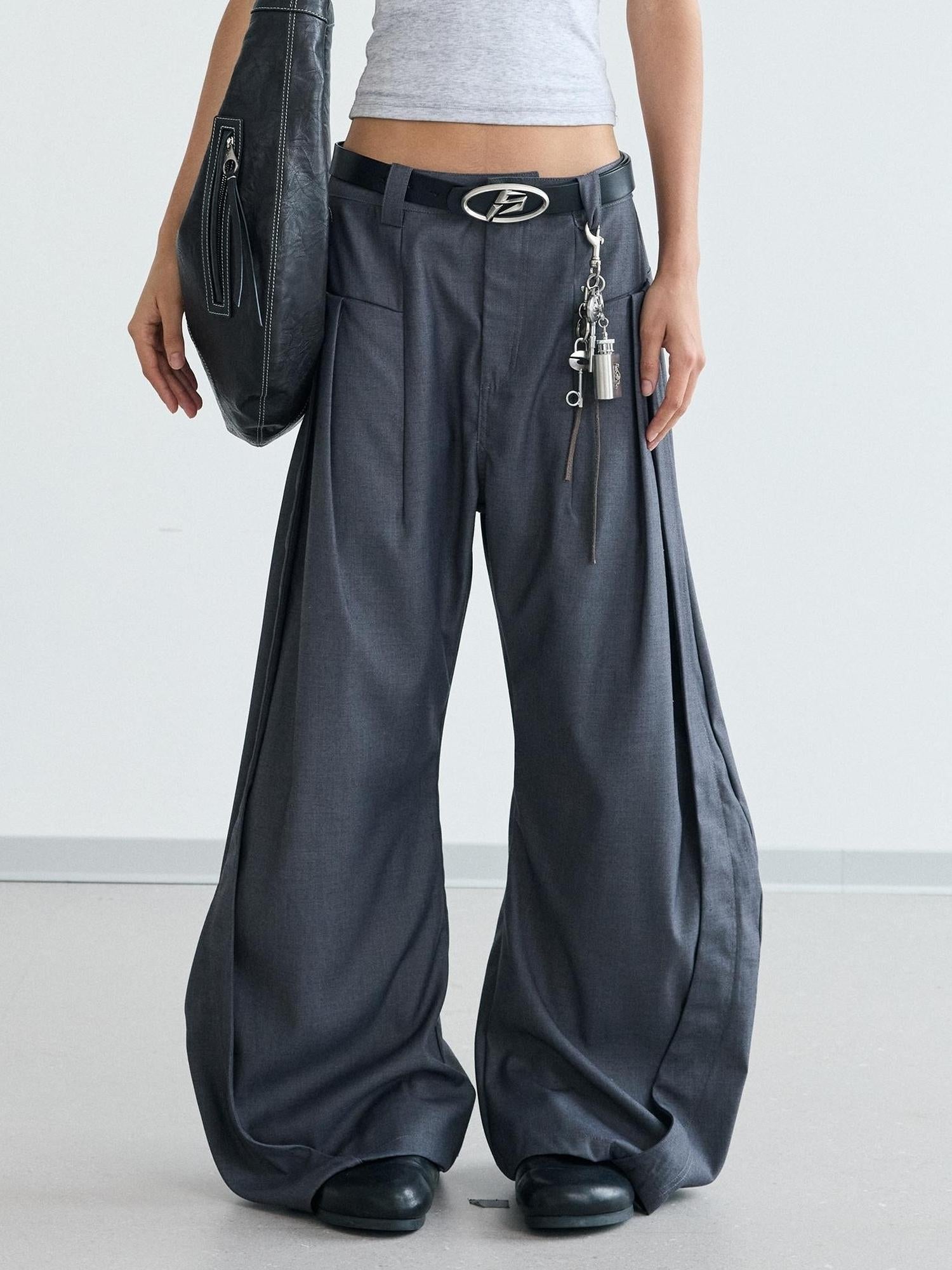 Peoplesense Pleated Scimitar Trousers With Slip Pockets Polyester Loose Fit