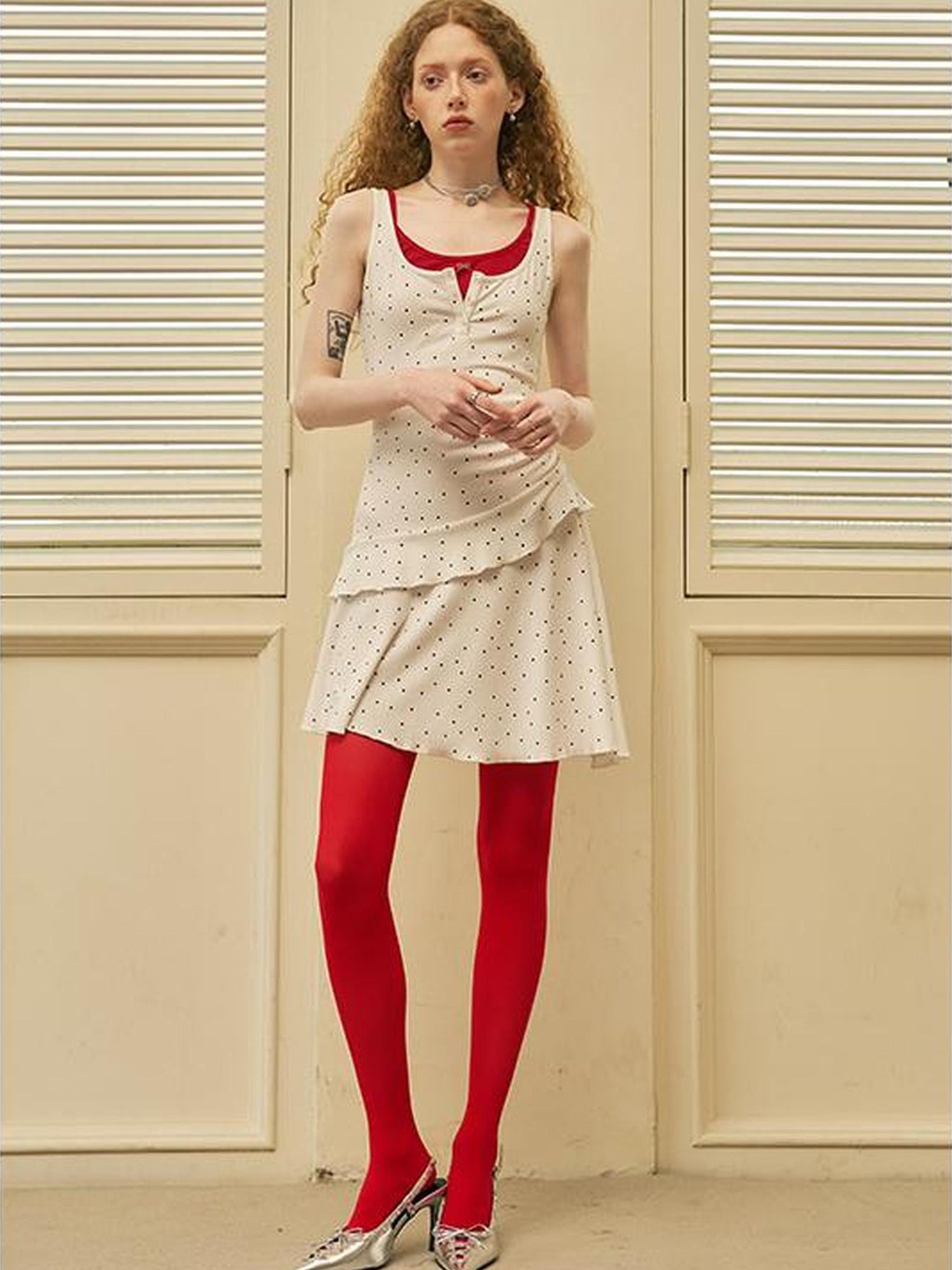 DIDDI MODA Polka Dot Mock Two Piece Sleeveless Bodycon Dress