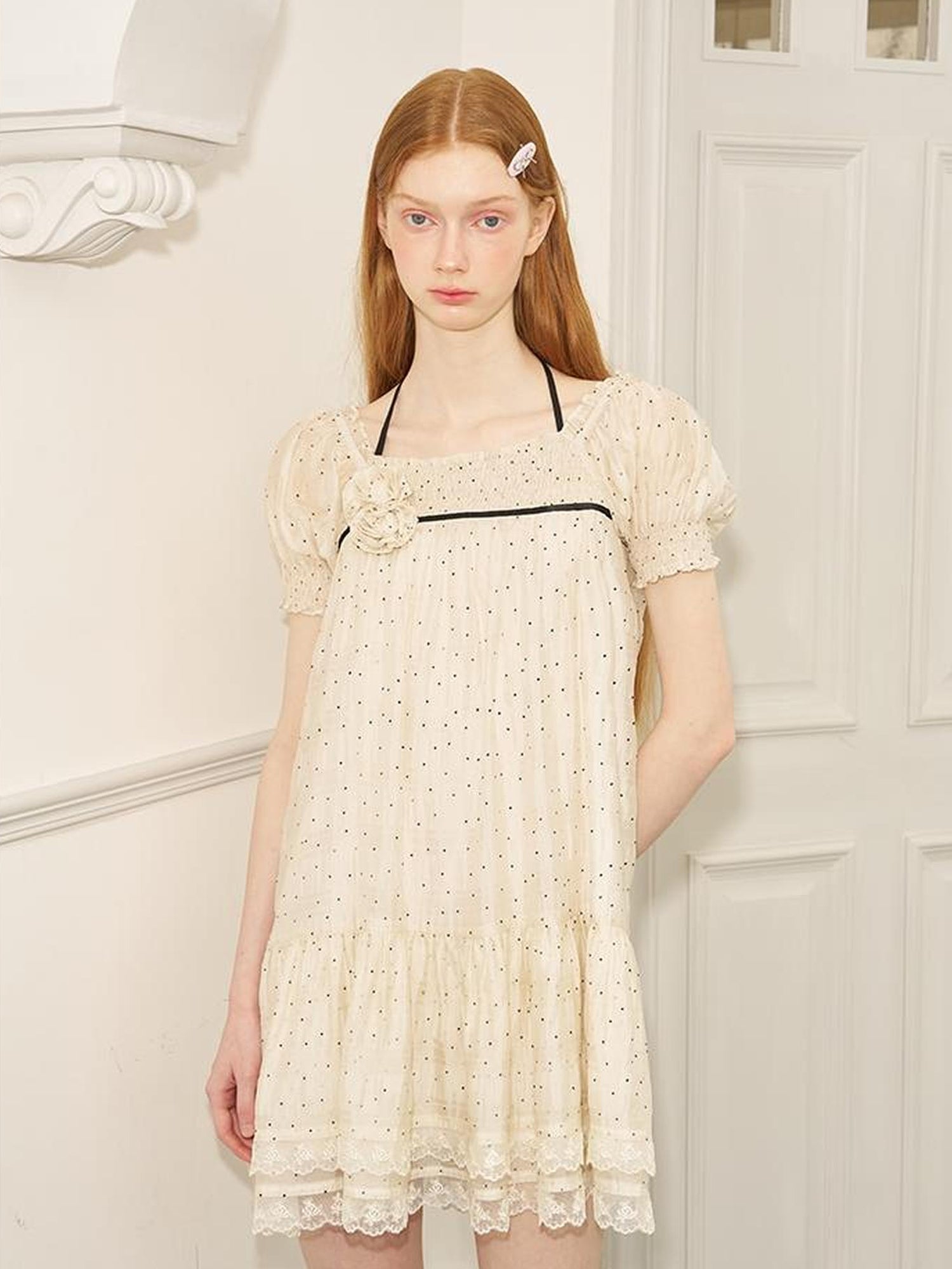 DIDDI MODA Polka Dot Puff Sleeve Floral Ruffle Babydoll Dress